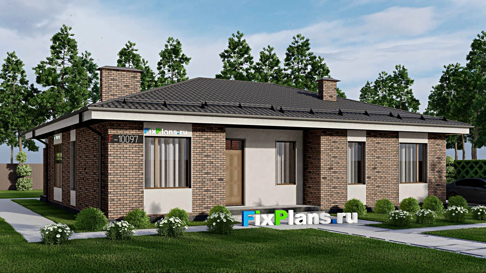 F-10097 - Проект одноэтажного дома 15 на 16, площадью 160 м² с террасой и 3 спальнями