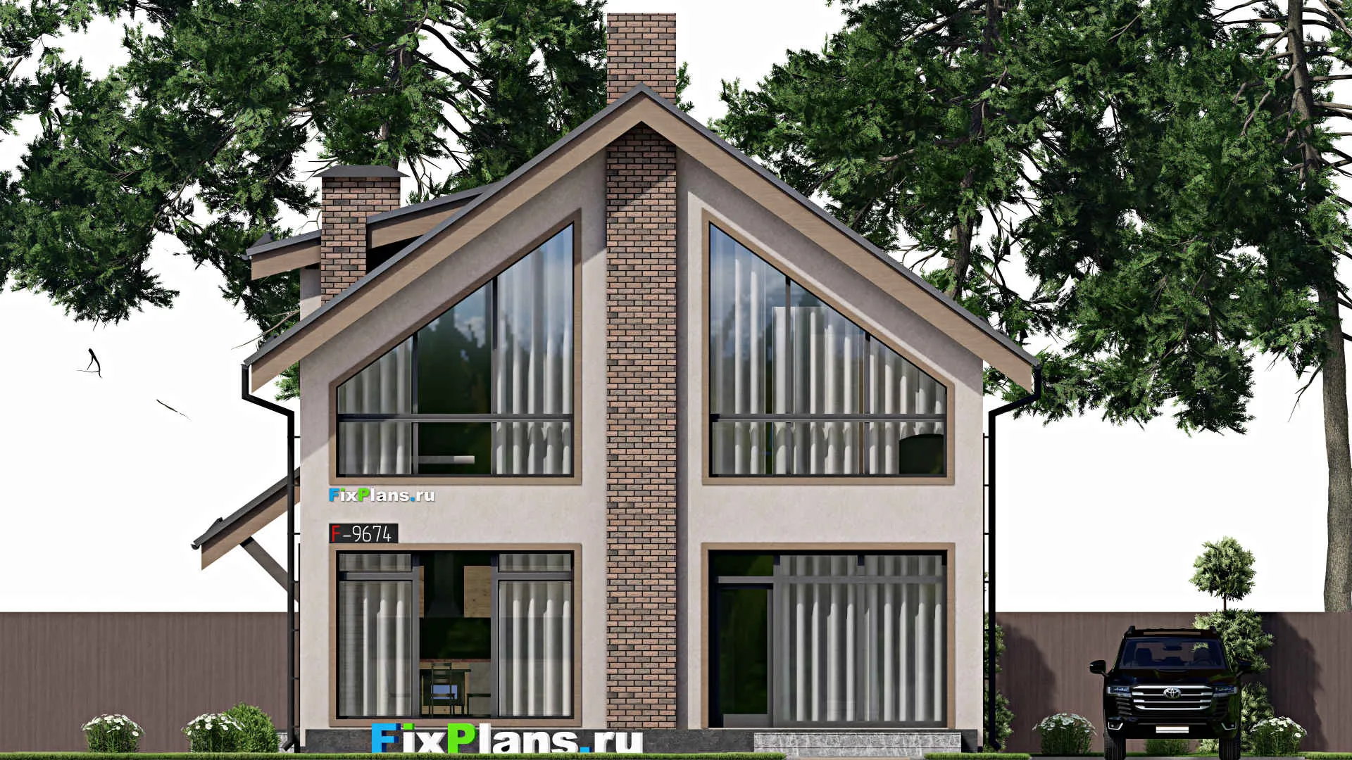 F-9674 - Планы дома с мансардой 12 на 15, площадью 230 м² с террасой, балконом и 4 спальнями