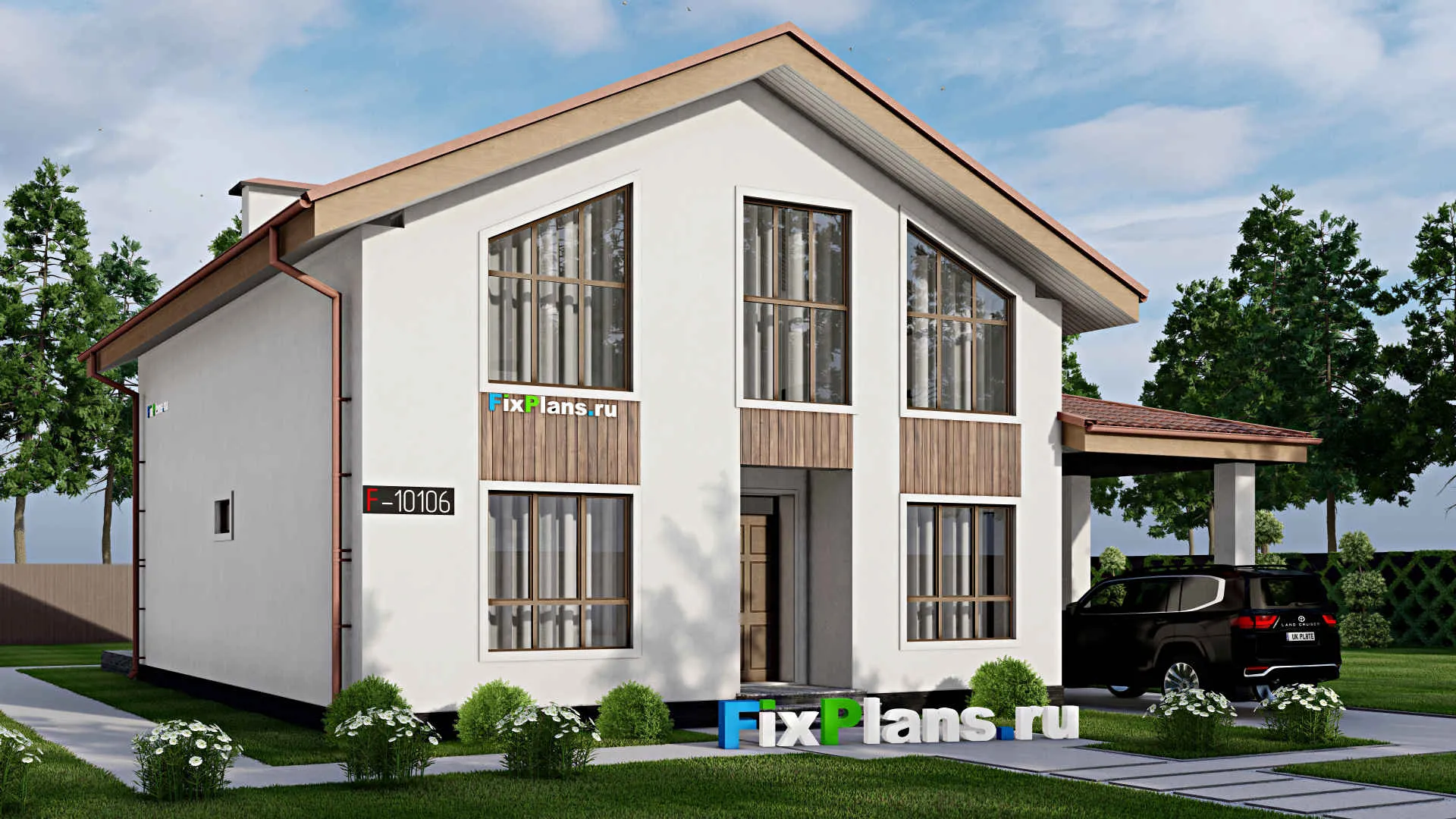 F-10106 - Проект дома с мансардой 14 на 16, площадью 260 м² с террасой, баней и 3 спальнями