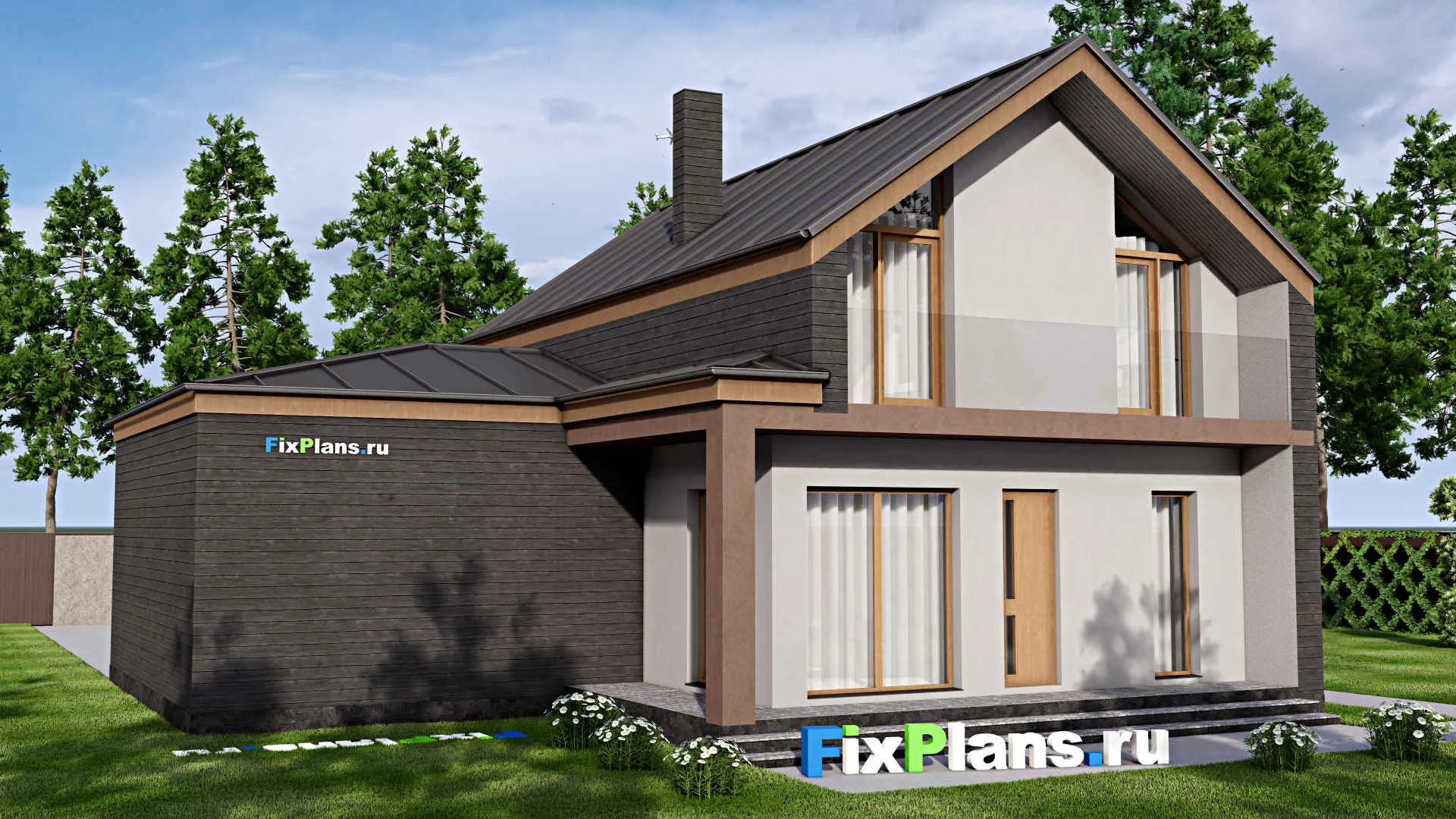 F-16208 - Проект дома с мансардой 13 на 14, площадью 180 м² с балконом, гаражом на 1 машину и 3 спальнями