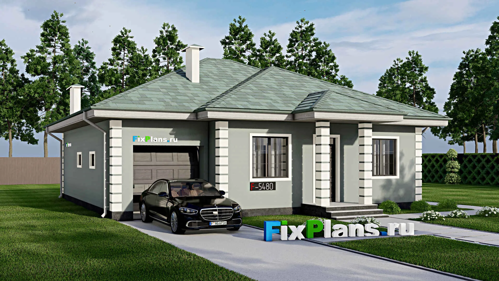 F-5480 - Проект одноэтажного дома 12 на 13, площадью 120 м² с гаражом на 1 машину и 3 спальнями