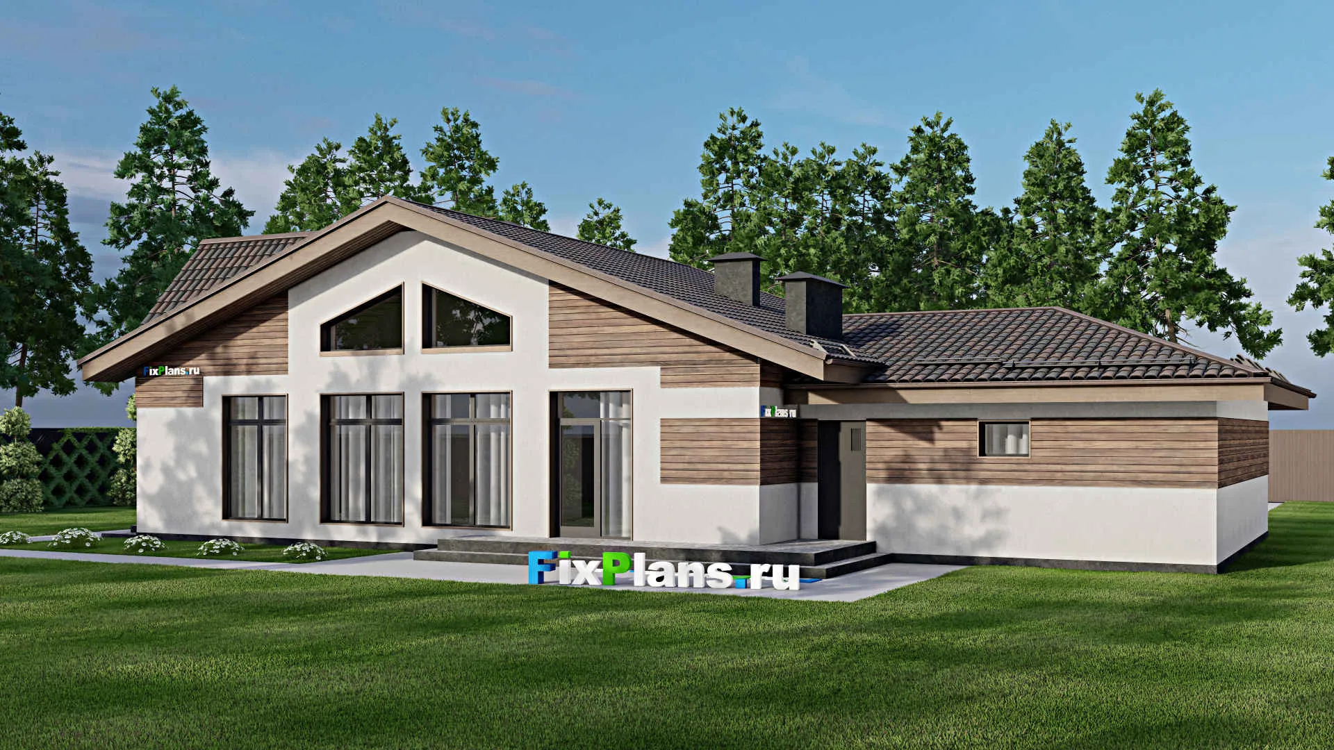 F-6659 - Проект одноэтажного дома 12 на 22, площадью 190 м² с террасой, гаражом на 2 машины и 3 спальнями