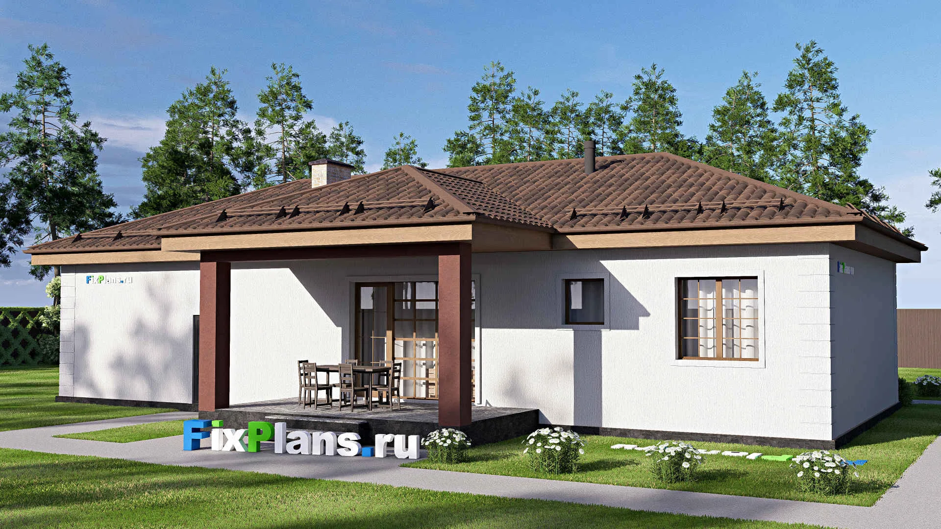 F-19979 - Проект одноэтажного дома 12 на 19, площадью 150 м² с террасой, гаражом на 2 машины и 2 спальнями