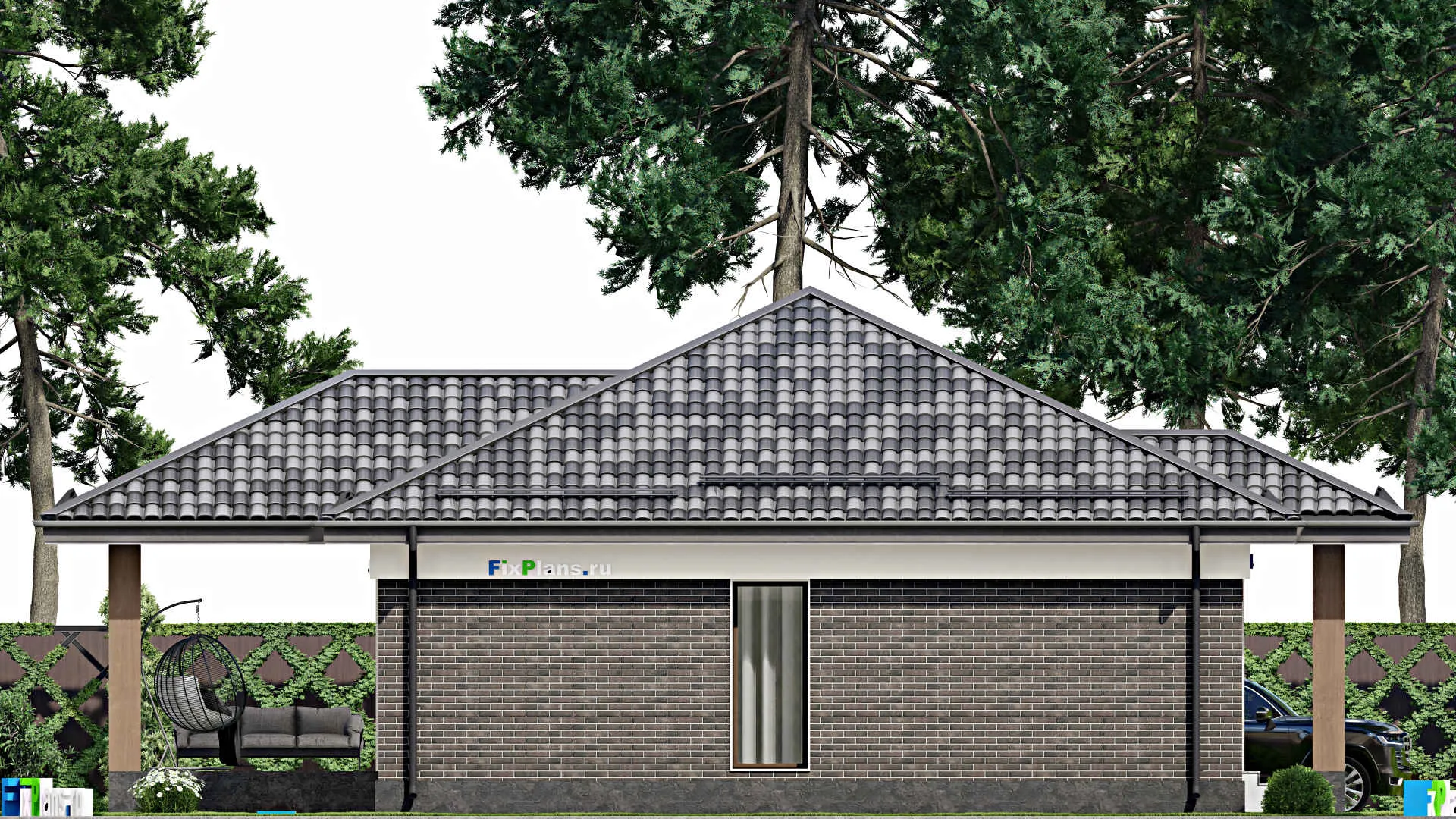 F-6965 - Проект одноэтажного дома 11 на 13, площадью 130 м² с террасой и 2 спальнями