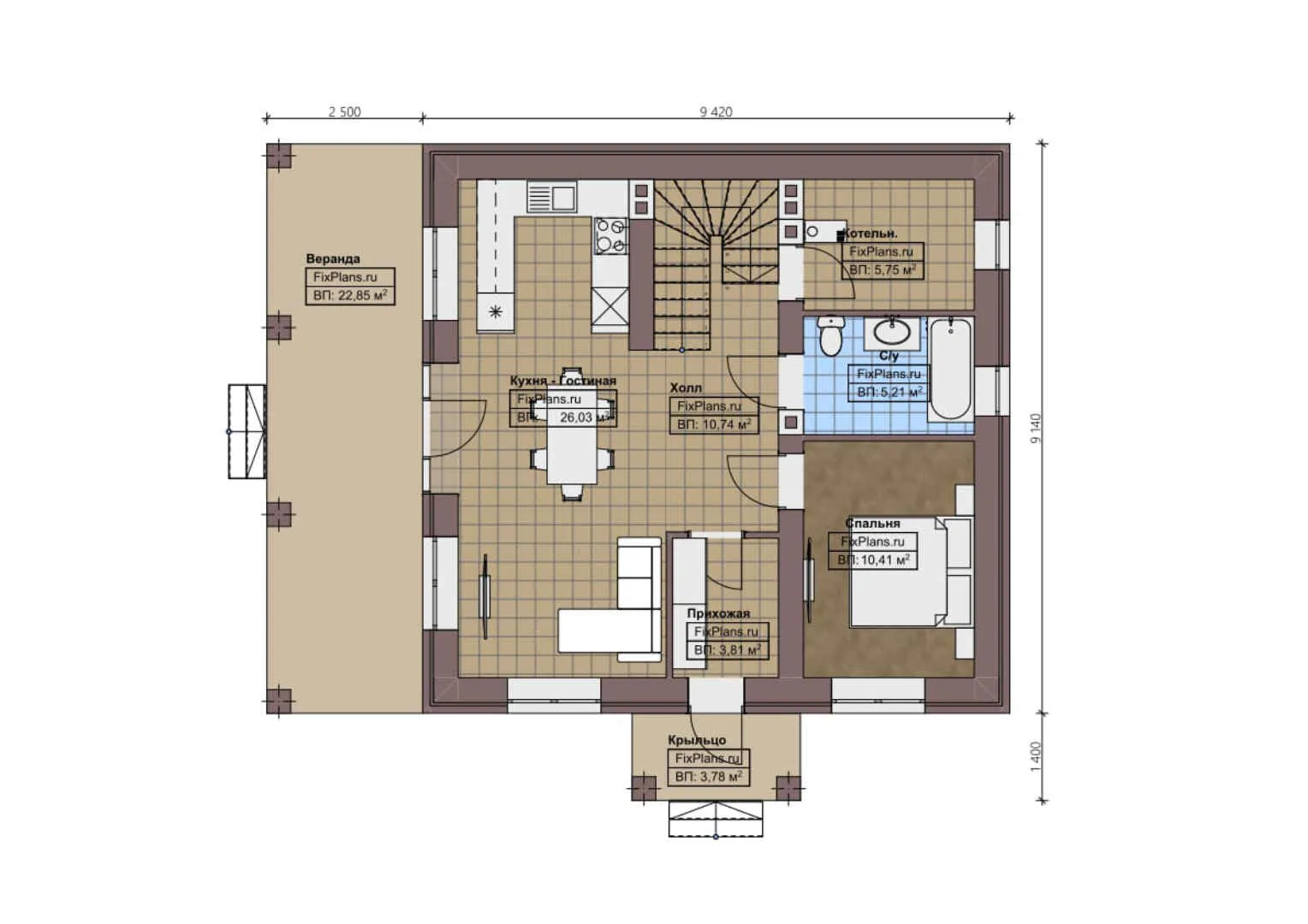 F-1709 - Планы дома с мансардой 10 на 10, площадью 150 м² с террасой и 4 спальнями