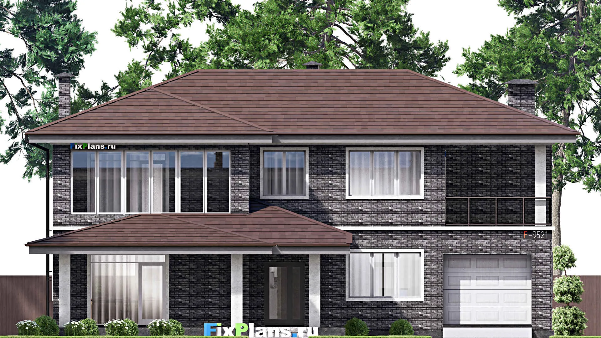 F-9521 - Проект двухэтажного дома 15 на 17, площадью 290 м² с террасой, балконом, баней, гаражом на 1 машину и 3 спальнями