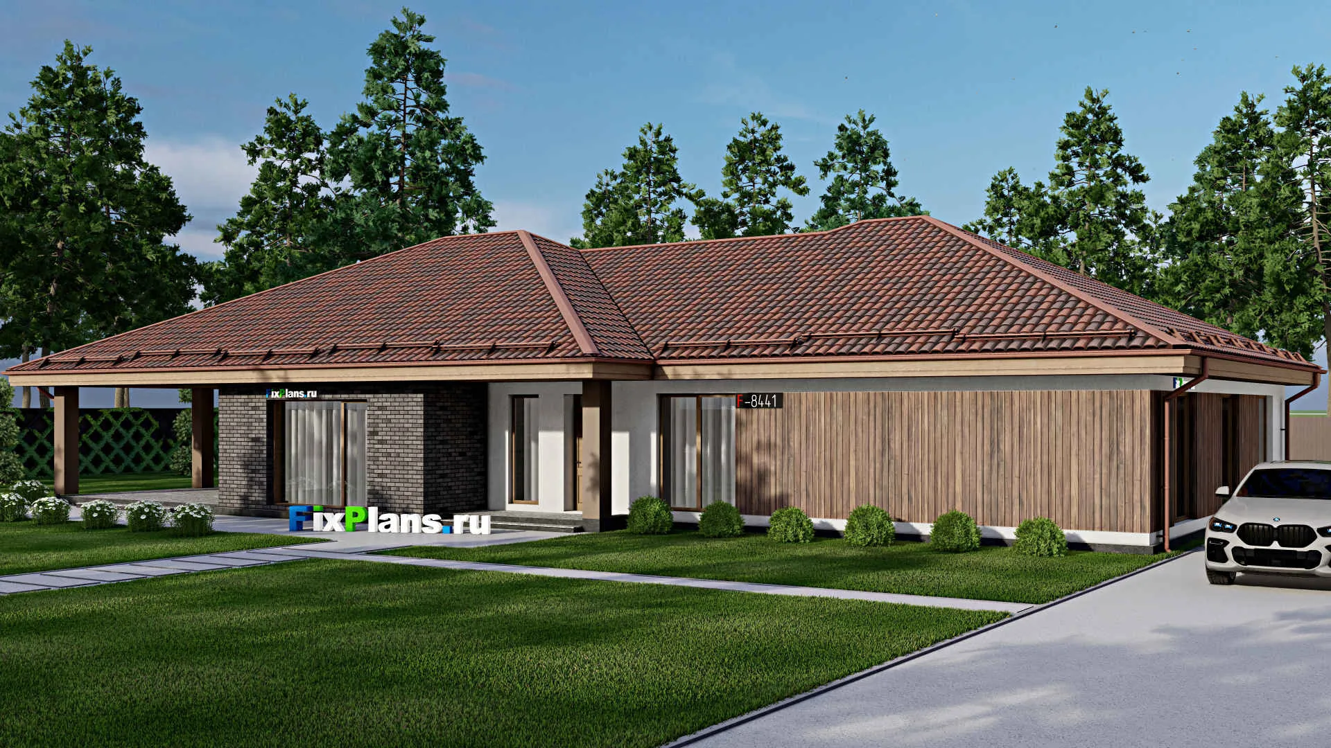 F-8441 - Проект одноэтажного дома 15 на 26, площадью 300 м² с террасой и 4 спальнями