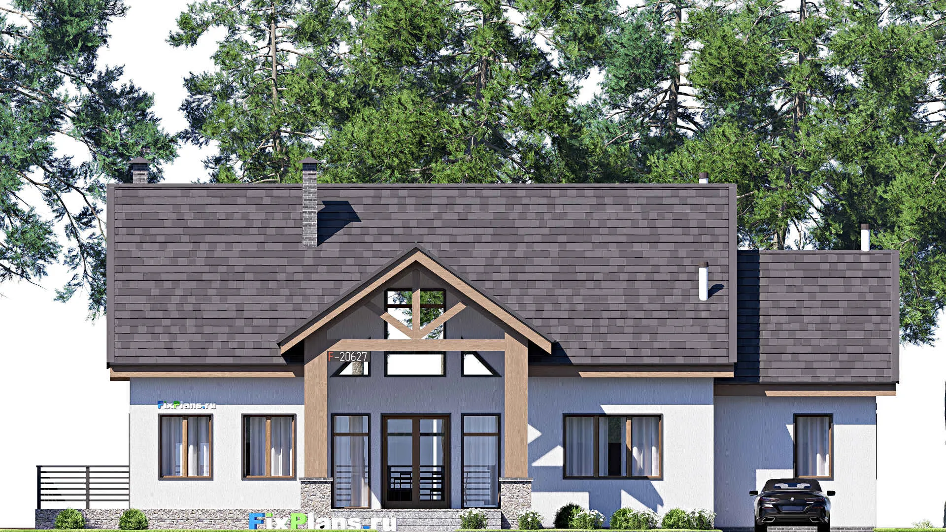 F-20627 - План одноэтажного дома 18 на 23, площадью 570 м² с террасой, цокольным этажом, гаражом на 2 машины и 3 спальнями