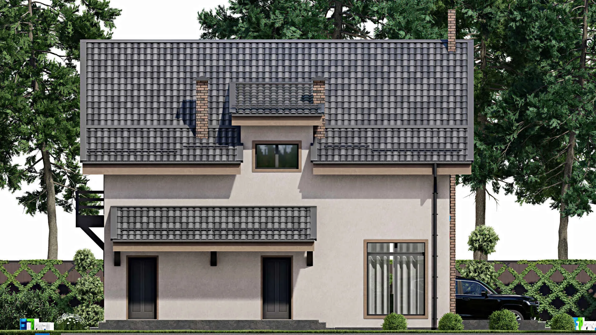 F-9674 - Планы дома с мансардой 12 на 15, площадью 230 м² с террасой, балконом и 4 спальнями