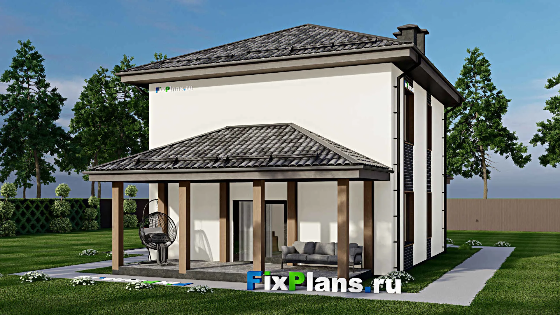 F-3491 - Проект двухэтажного дома 9 на 10, площадью 160 м² с террасой и 4 спальнями