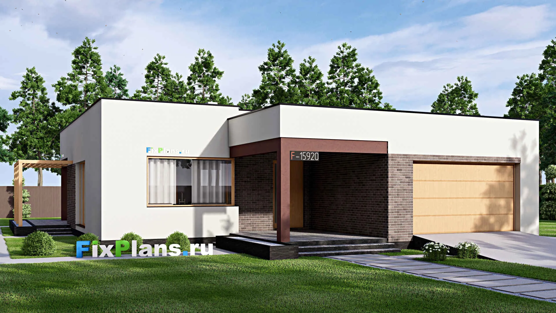 F-15920 - Проект одноэтажного дома 18 на 20, площадью 240 м² с террасой, гаражом на 2 машины и 3 спальнями
