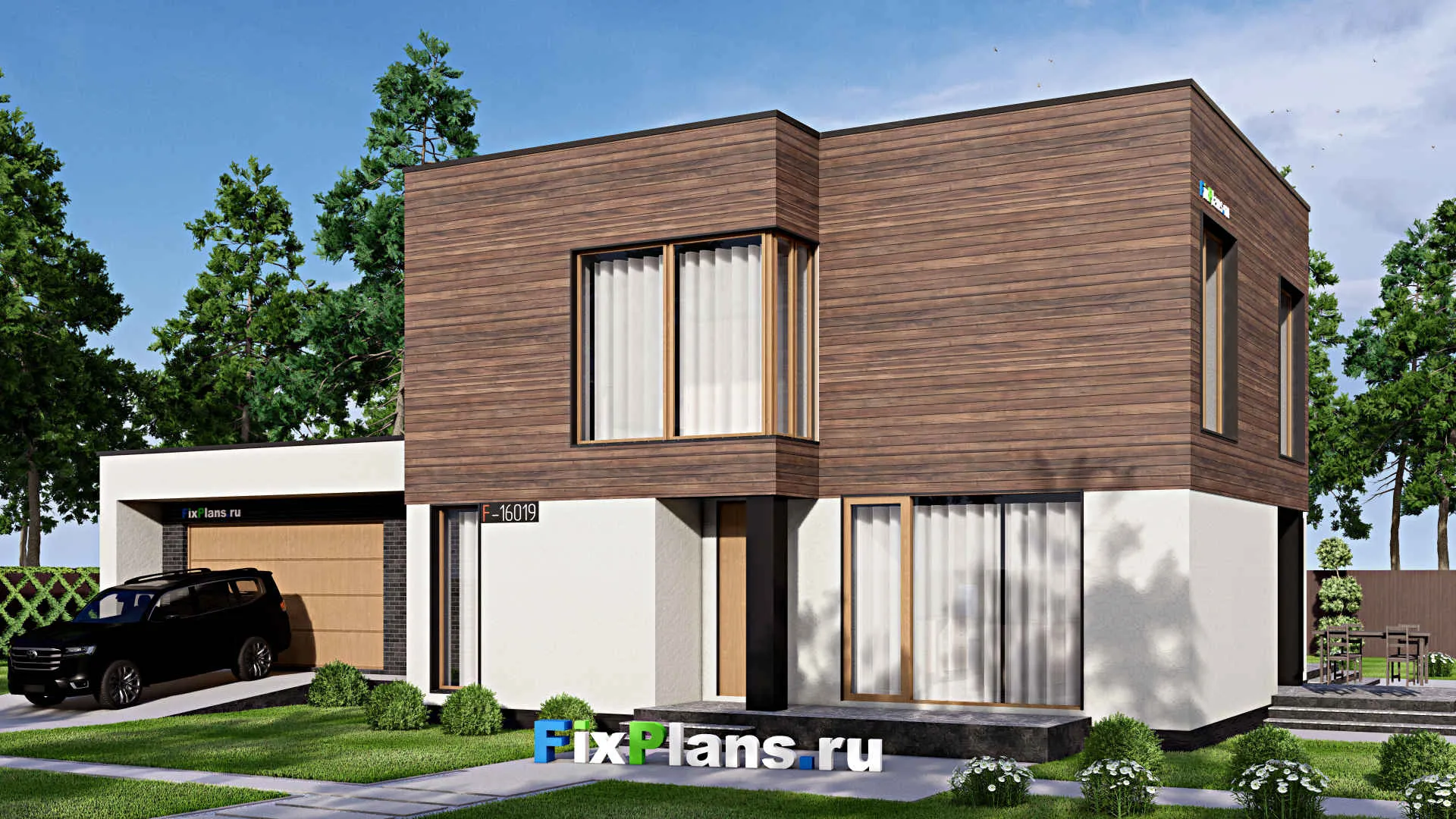 F-16019 - Проект двухэтажного дома 17 на 24, площадью 330 м² с террасой, гаражом на 2 машины и 4 спальнями