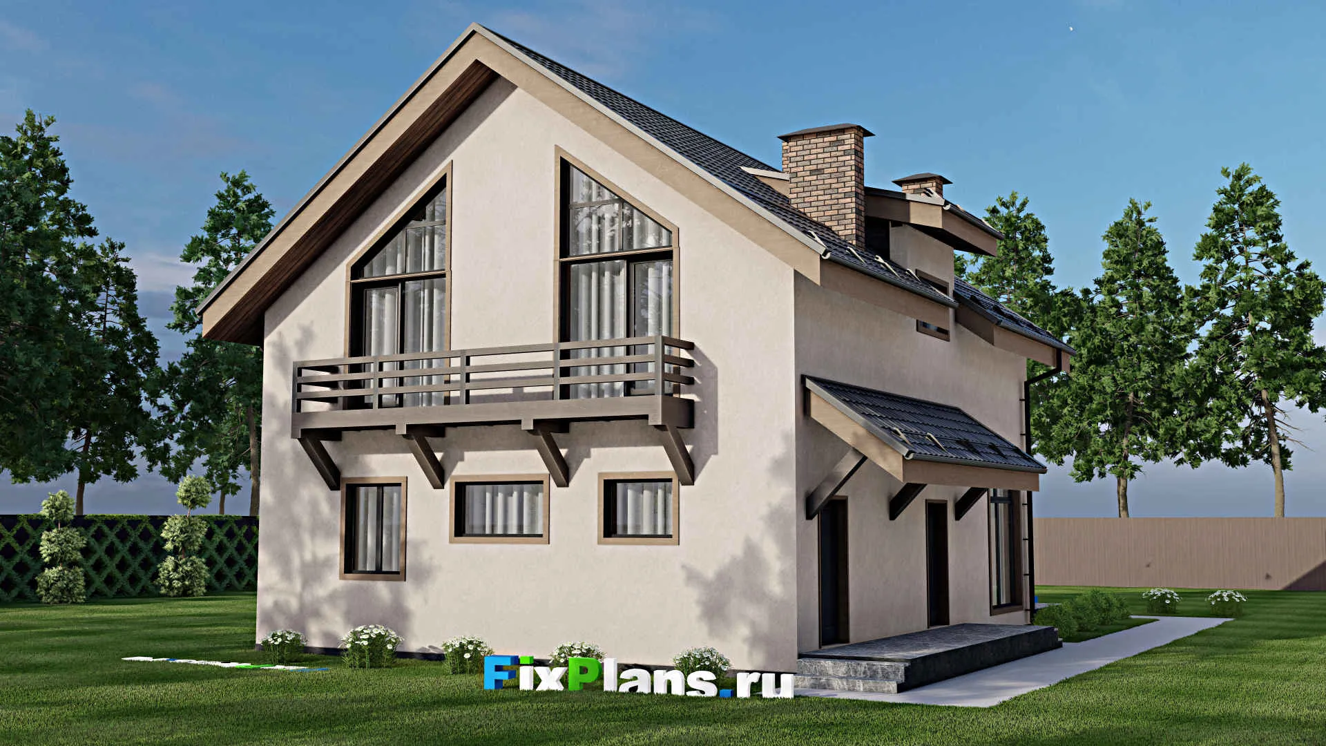 F-9674 - Планы дома с мансардой 12 на 15, площадью 230 м² с террасой, балконом и 4 спальнями