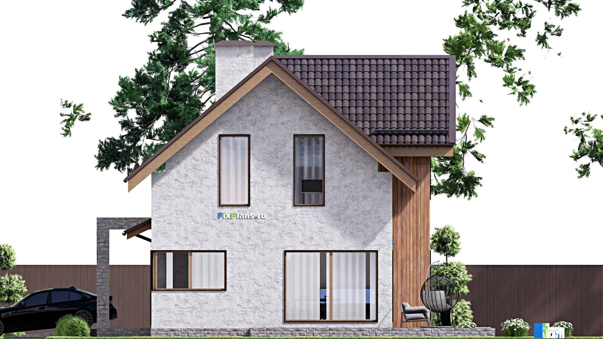 F-15956 - Проект дома с мансардой 13 на 20, площадью 240 м² с террасой, гаражом на 2 машины и 4 спальнями