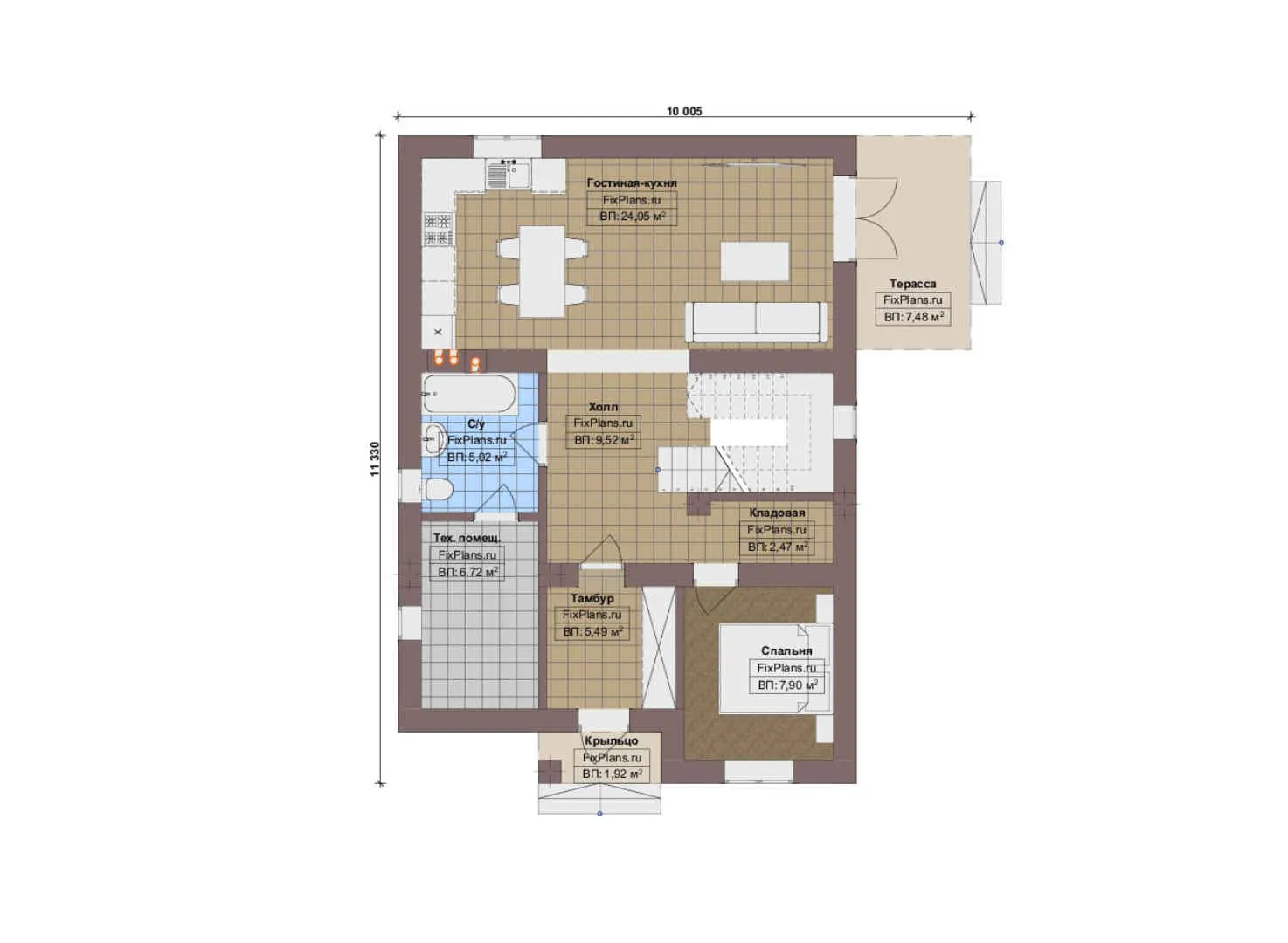 F-17603 - Планы дома с мансардой 11 на 12, площадью 150 м² с террасой и 2 спальнями