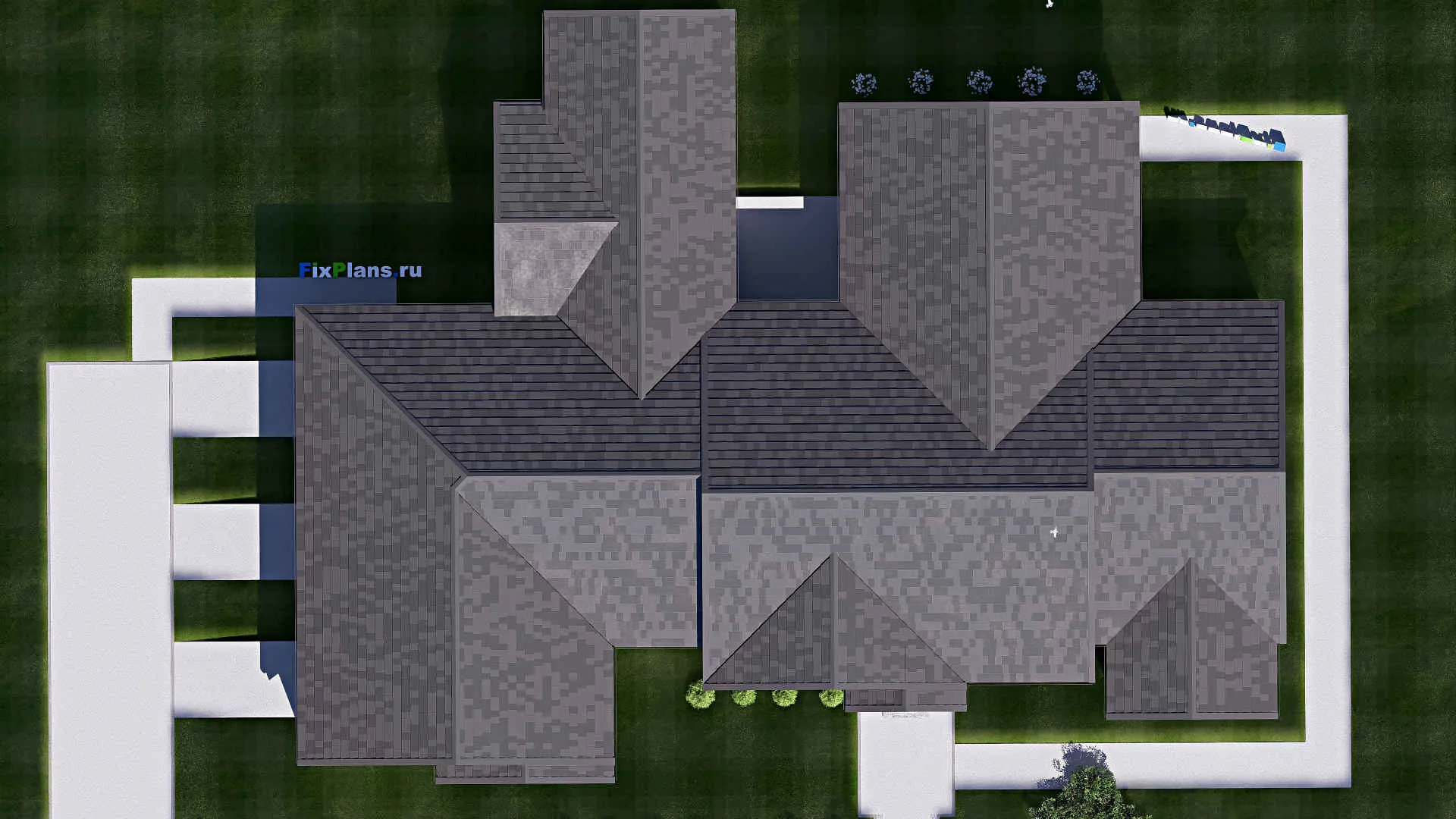 F-19853 - План одноэтажного дома 25 на 32, площадью 460 м² с террасой, гаражом на 2 машины и 4 спальнями