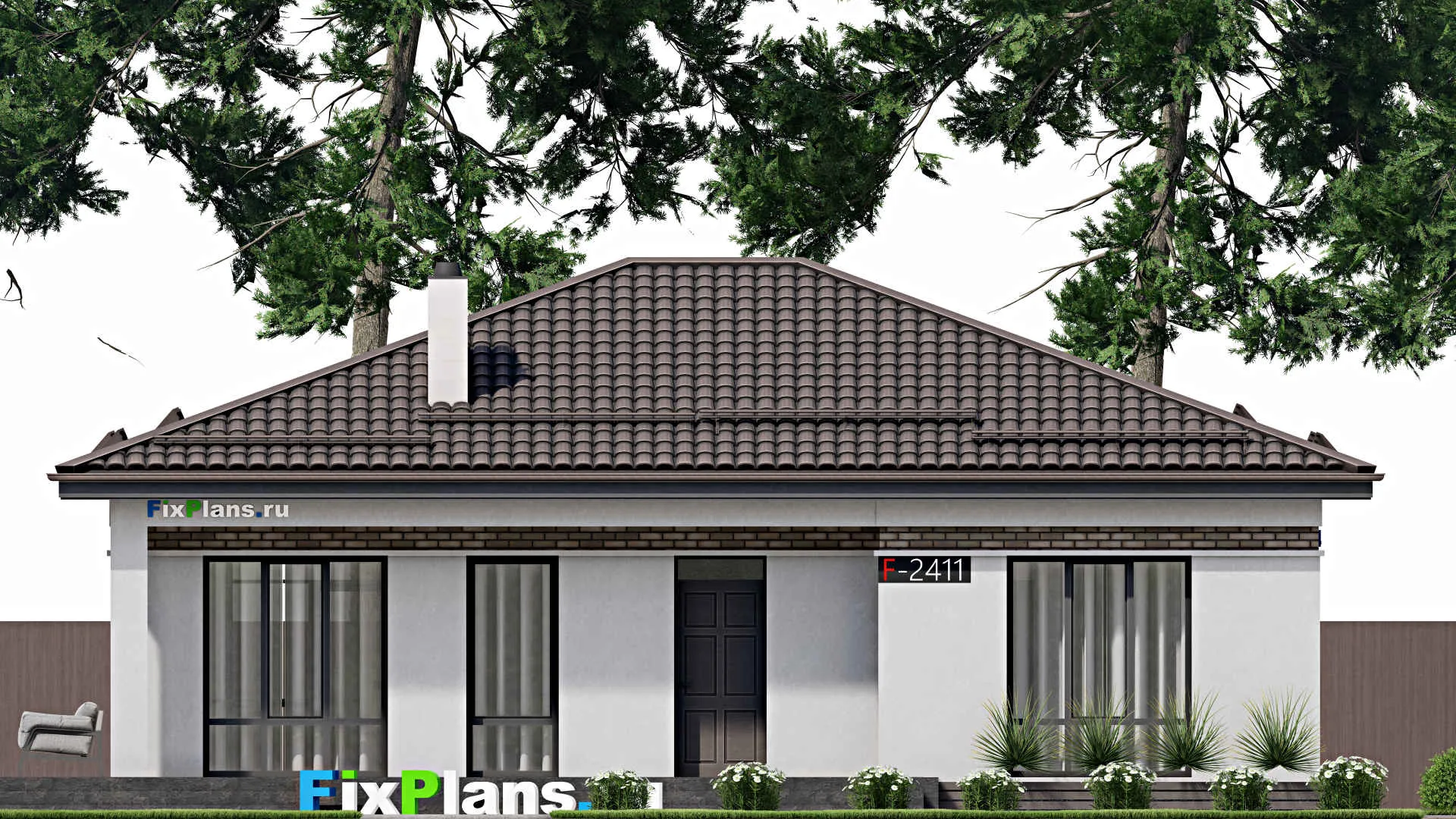 F-2411 - Проект одноэтажного дома 12 на 14, площадью 170 м² с террасой и 3 спальнями