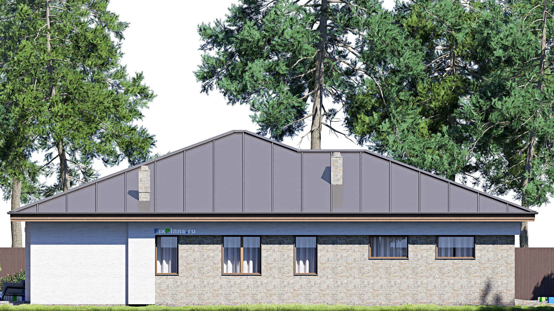 F-16451 - Проект одноэтажного дома 18 на 21, площадью 280 м² с террасой, гаражом на 1 машину и 3 спальнями