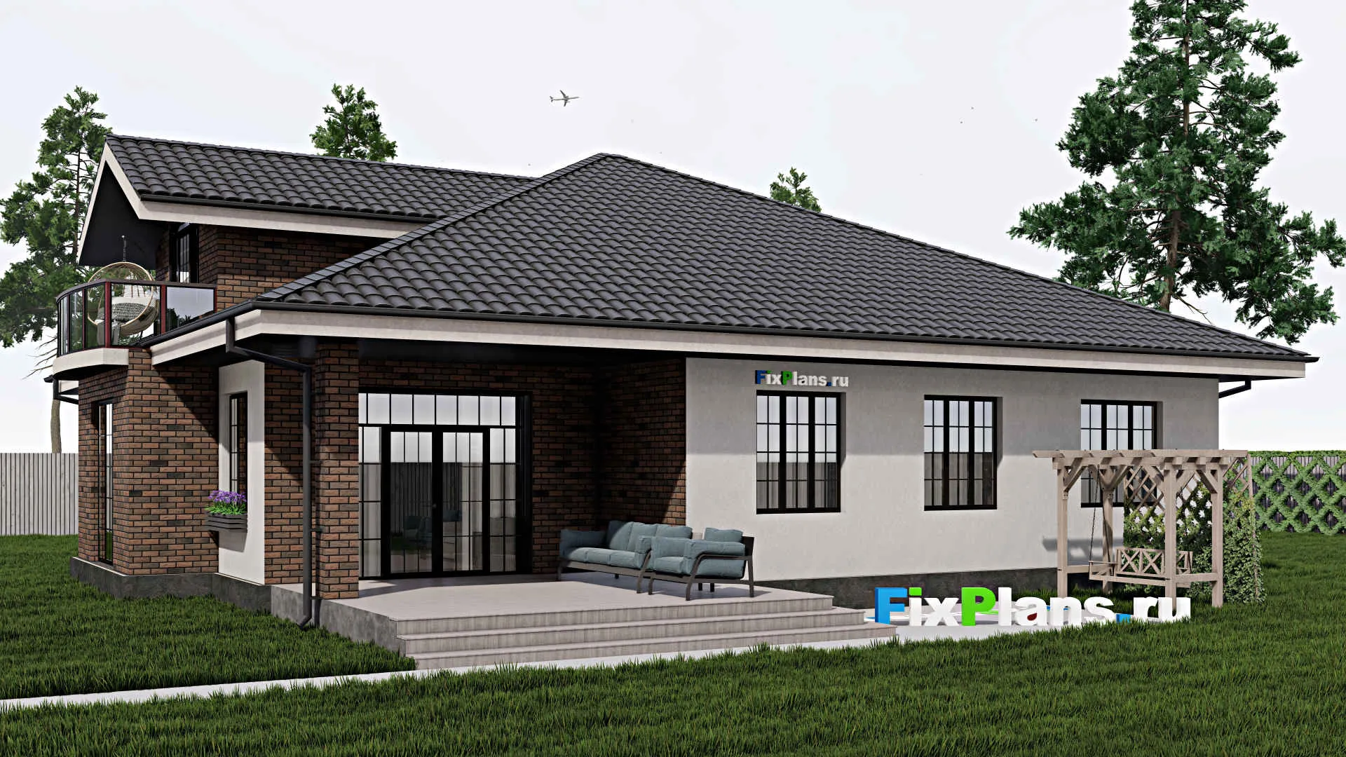 F-0413 - Проект дома с мансардой 15 на 17, площадью 250 м² с террасой, балконом, гаражом на 1 машину и 4 спальнями