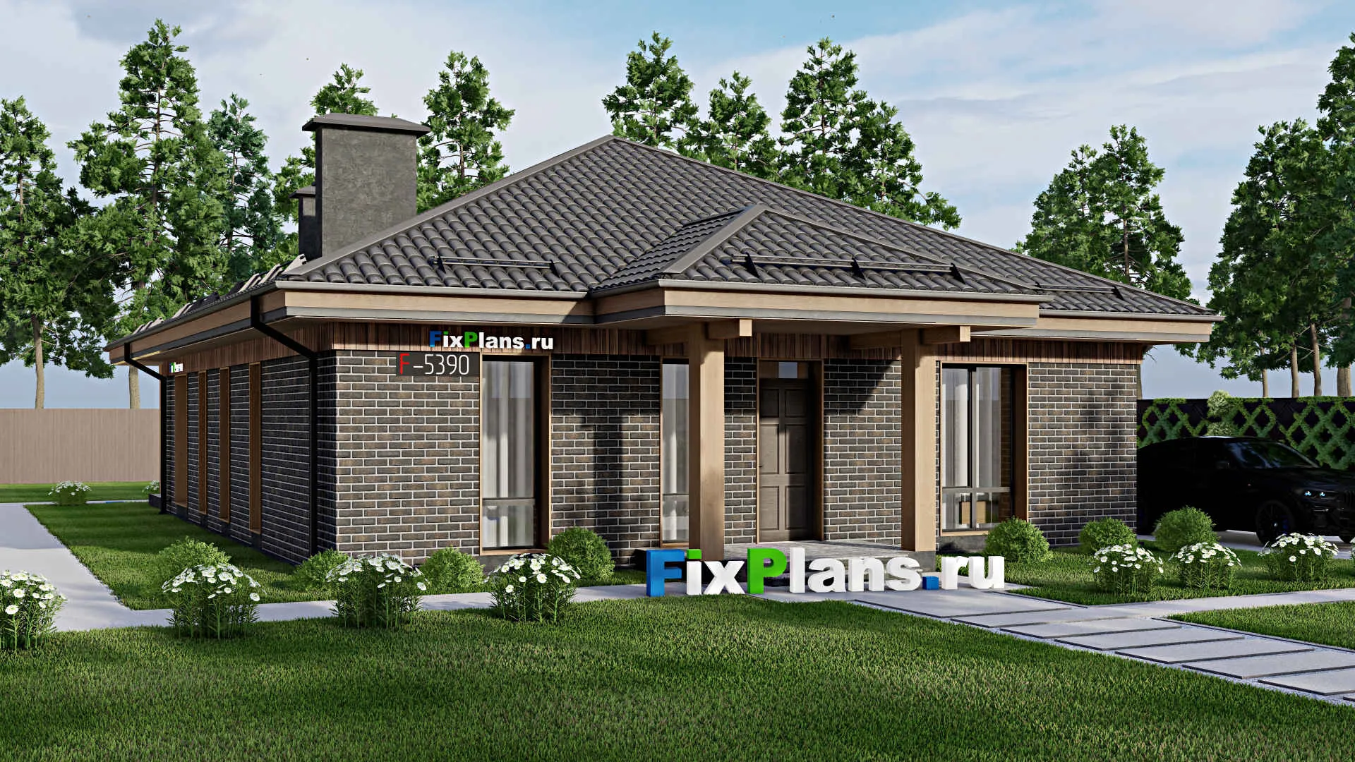 F-5390 - Проект одноэтажного дома 12 на 14, площадью 150 м² с террасой и 3 спальнями