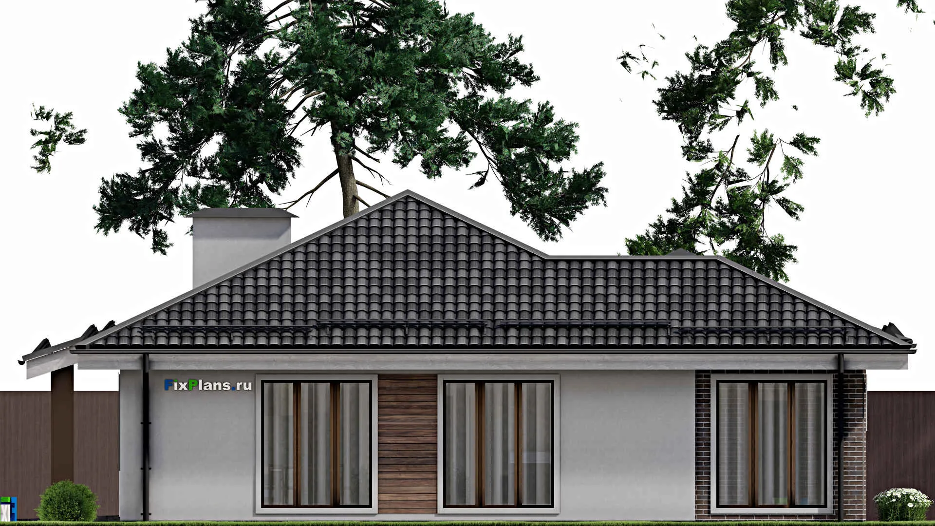F-8477 - План одноэтажного дома 15 на 23, площадью 230 м² с террасой, гаражом на 2 машины и 3 спальнями