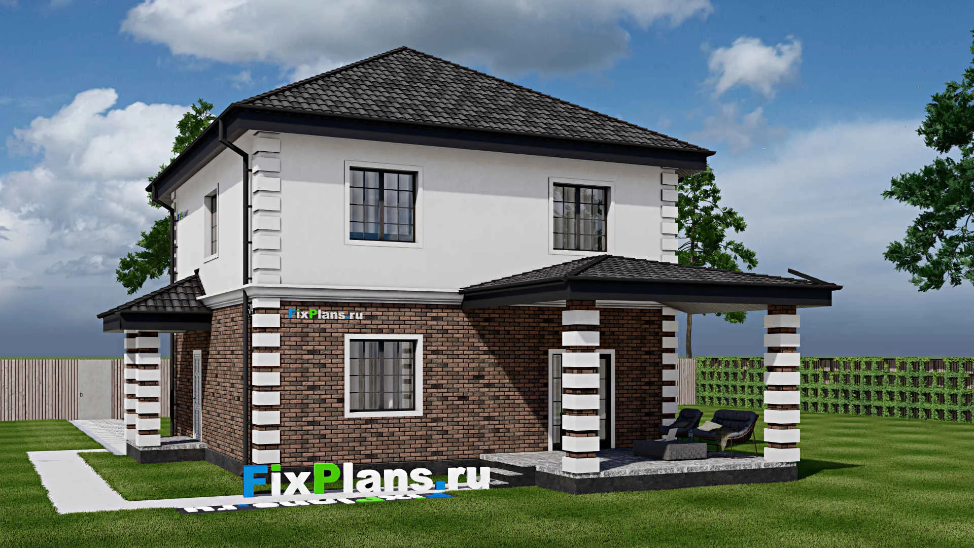 F-1619 - Проект двухэтажного дома 10 на 10, площадью 160 м² с террасой и 3 спальнями