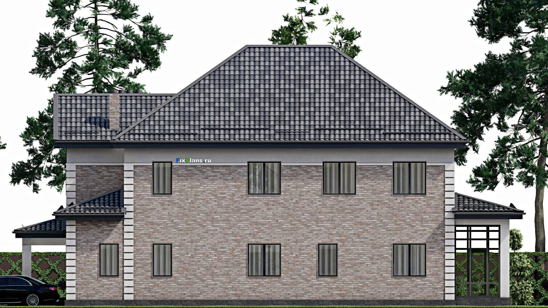 F-7010 - Проект двухэтажного дома 17 на 22, площадью 310 м² с террасой, гаражом на 1 машину и 6 спальнями