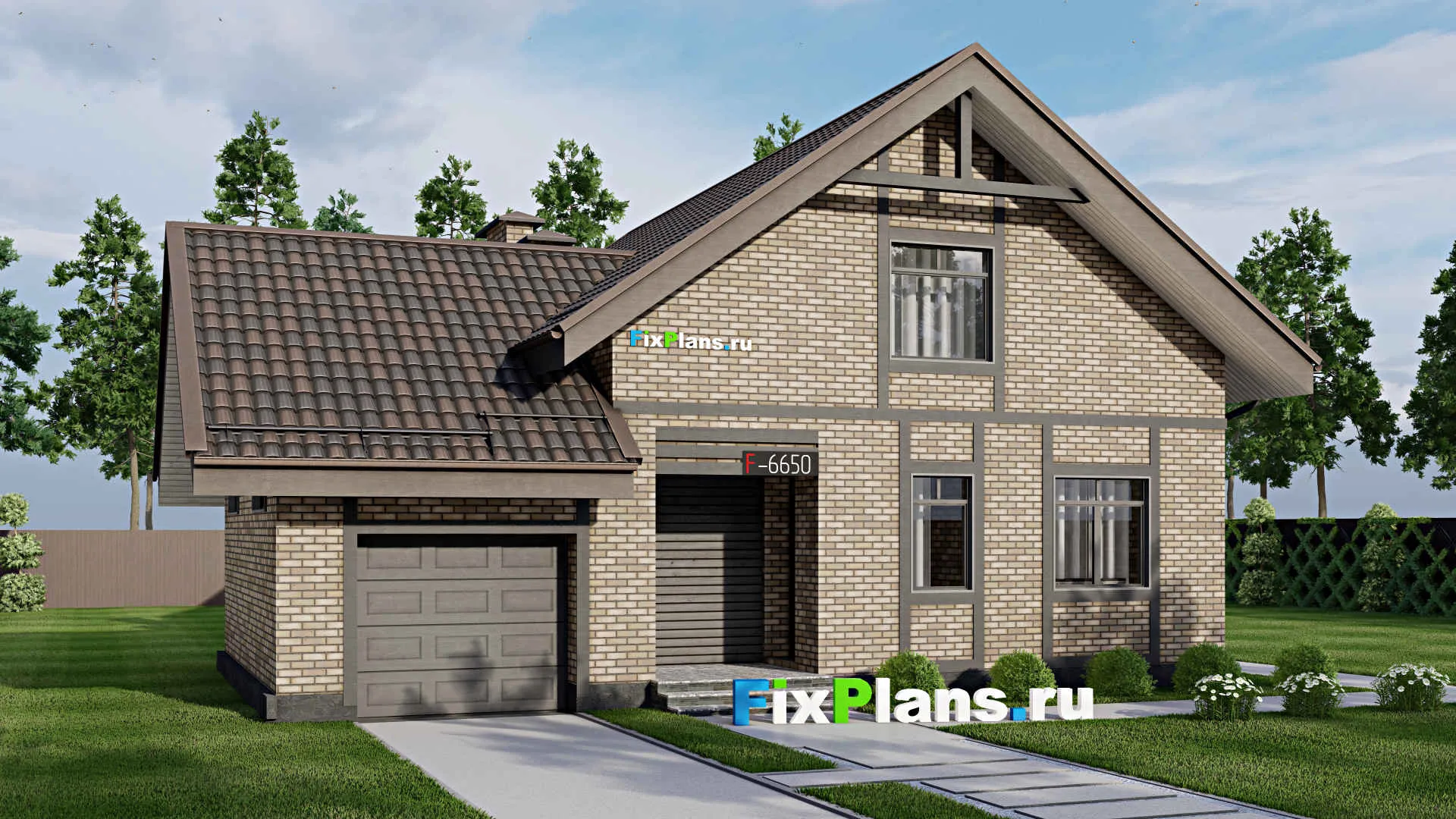 F-6650 - Проект дома с мансардой 13 на 13, площадью 160 м² с террасой, гаражом на 1 машину и 4 спальнями