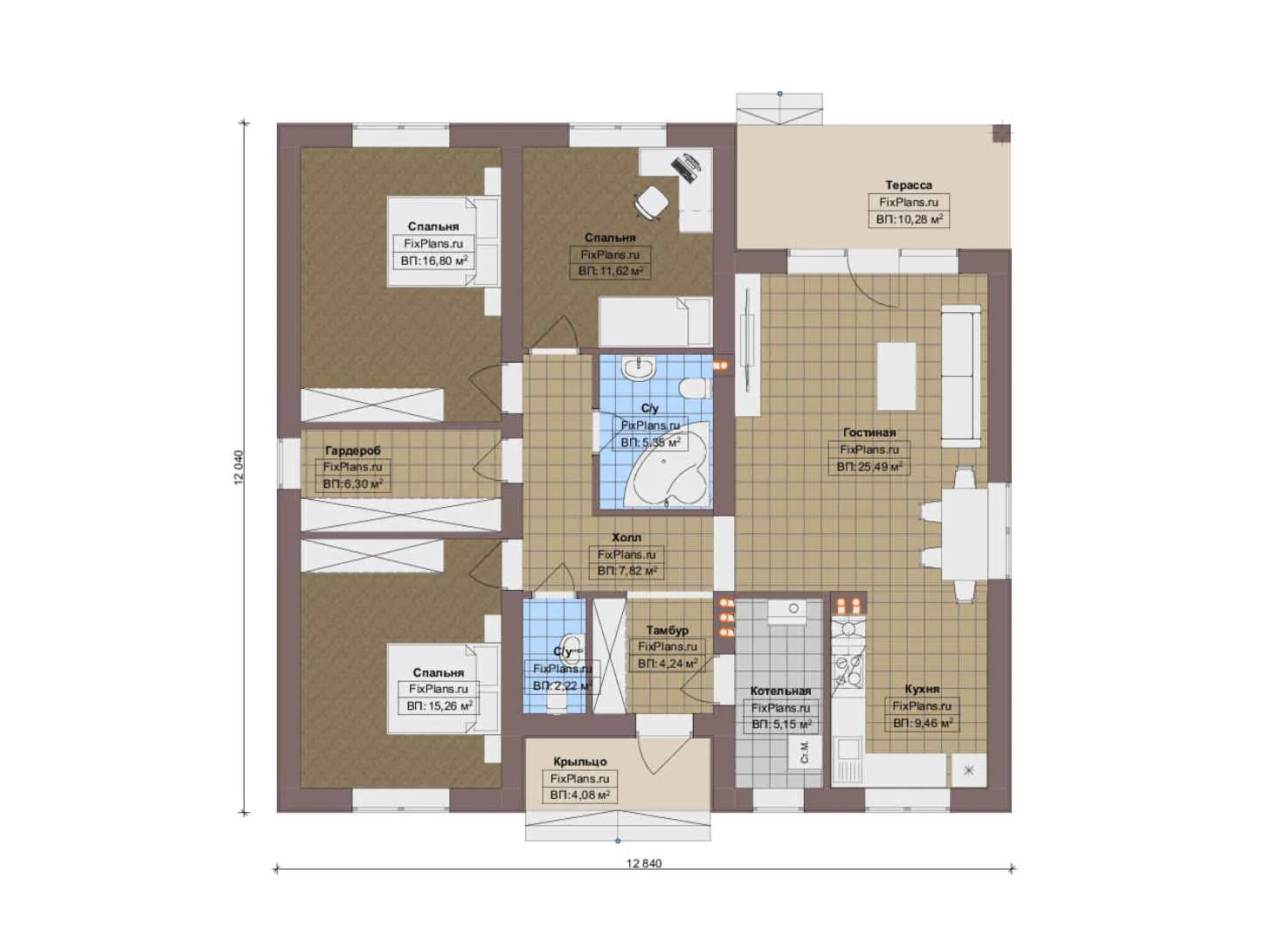 F-14624 - План одноэтажного дома 13 на 13, площадью 130 м² с террасой и 3 спальнями