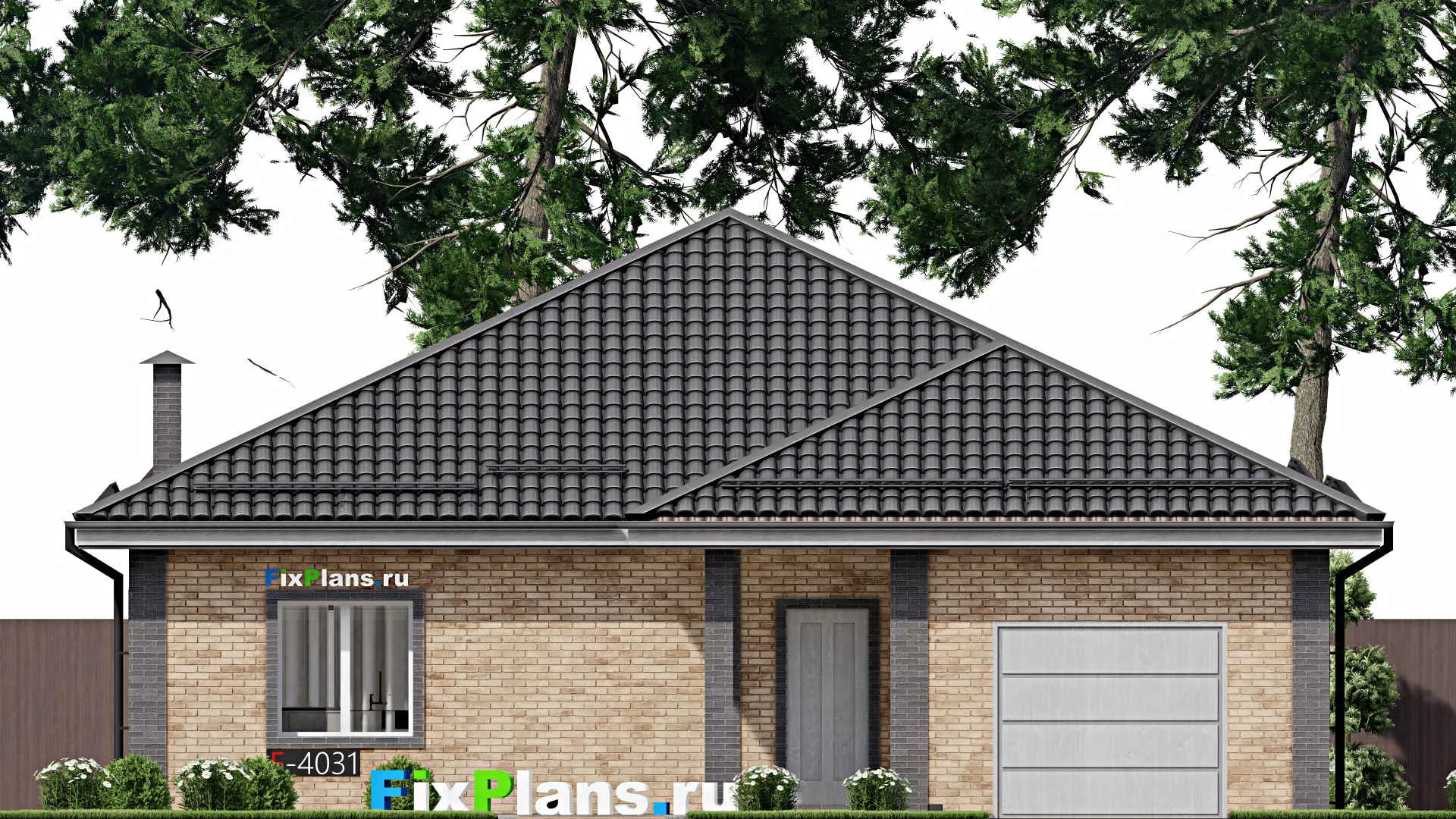 F-4031 - Проект одноэтажного дома 13 на 17, площадью 160 м² с террасой, гаражом на 1 машину и 3 спальнями