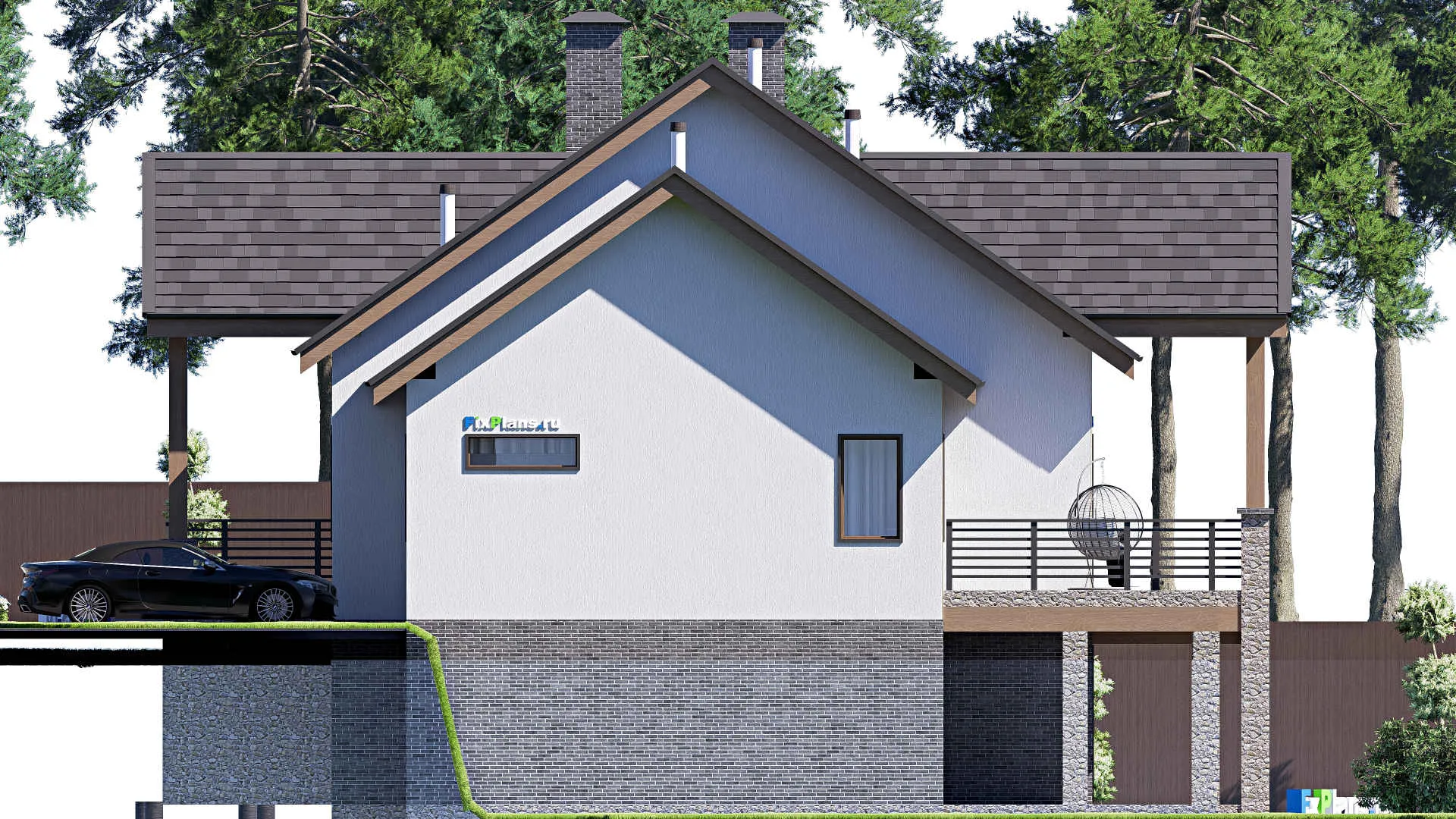 F-20627 - План одноэтажного дома 18 на 23, площадью 570 м² с террасой, цокольным этажом, гаражом на 2 машины и 3 спальнями