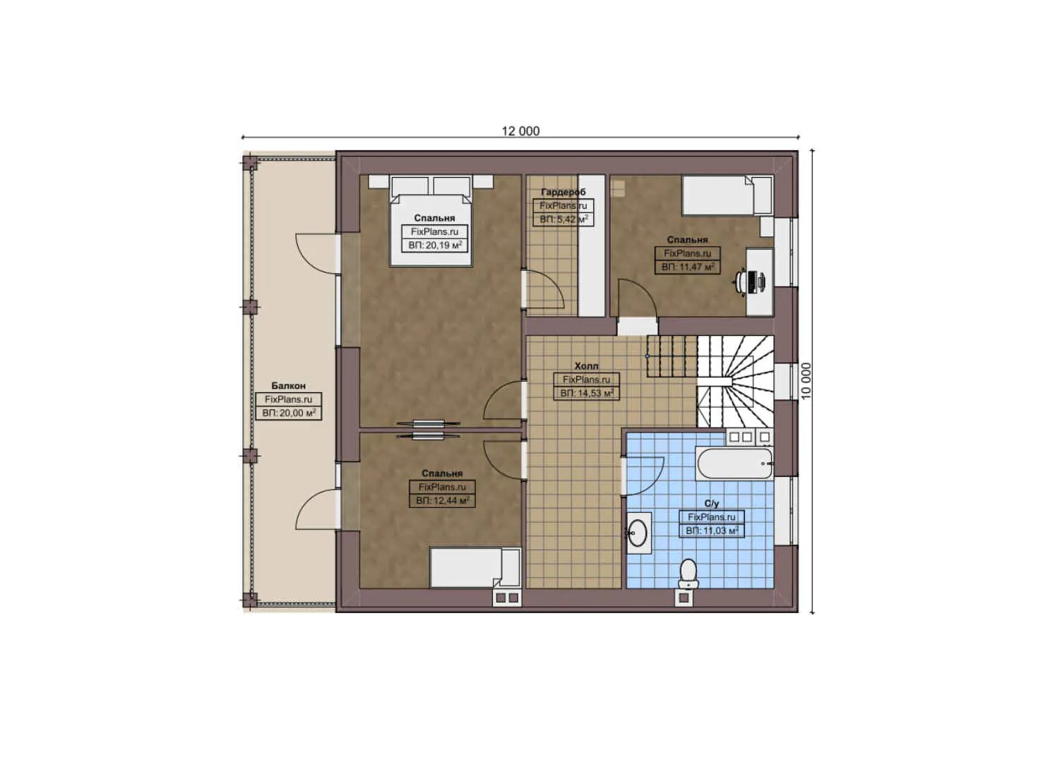 F-6920 - Планы дома с мансардой 10 на 12, площадью 200 м² с террасой, балконом и 4 спальнями