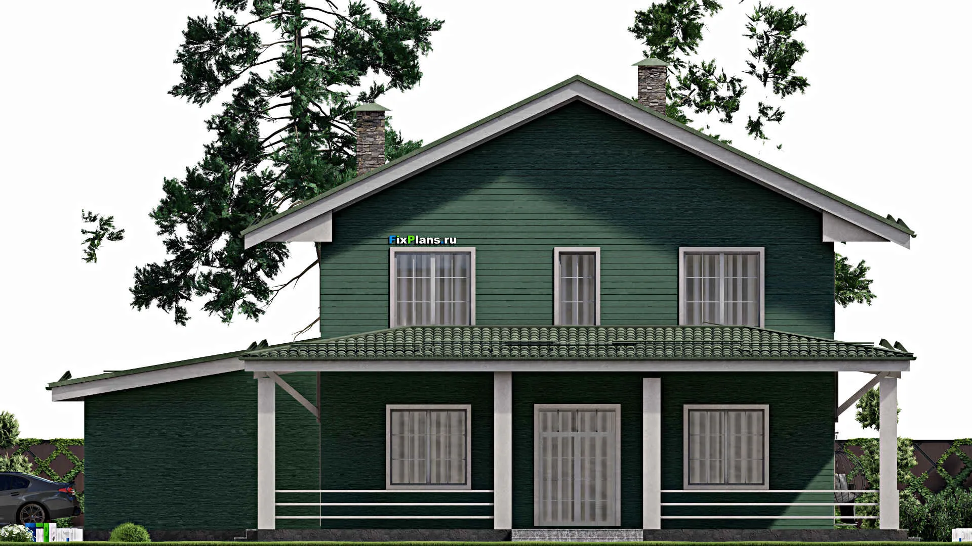 F-12158 - Проект дома с мансардой 19 на 23, площадью 400 м² с террасой, гаражом на 2 машины и 7 спальнями