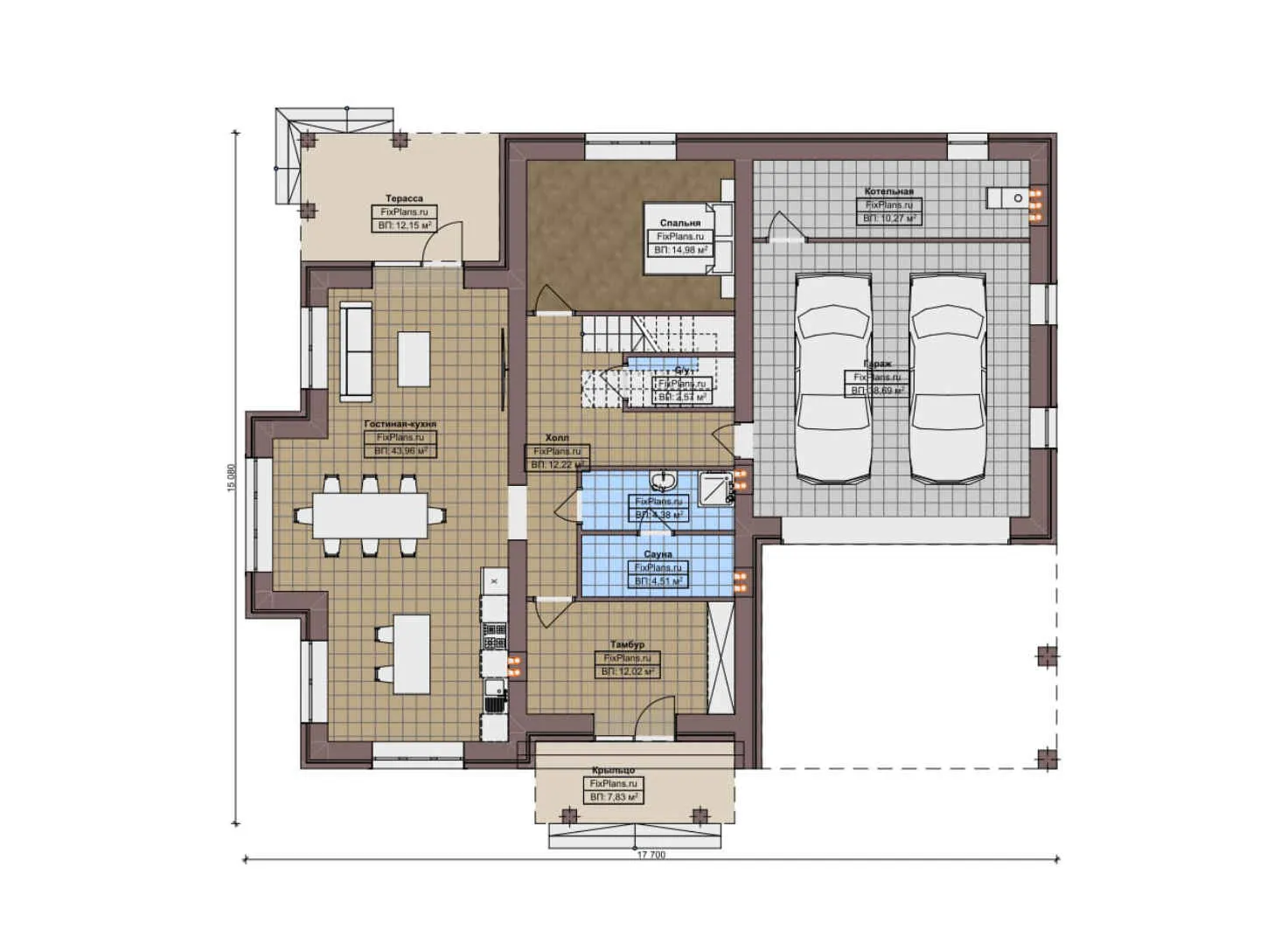 F-10205 - Планы двухэтажного дома 16 на 18, площадью 250 м² с террасой, баней, гаражом на 2 машины и 4 спальнями