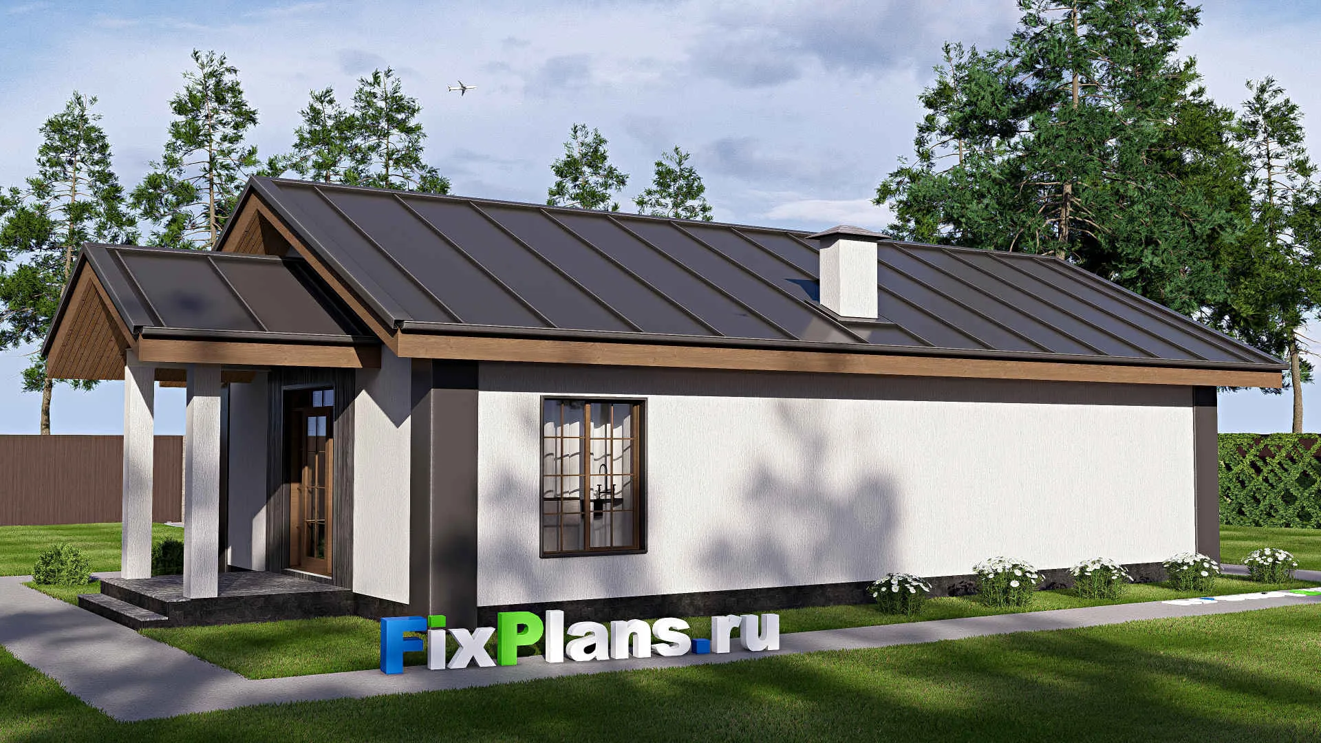 F-18584 - Проект одноэтажного дома 8 на 16, площадью 90 м² с террасой и 2 спальнями