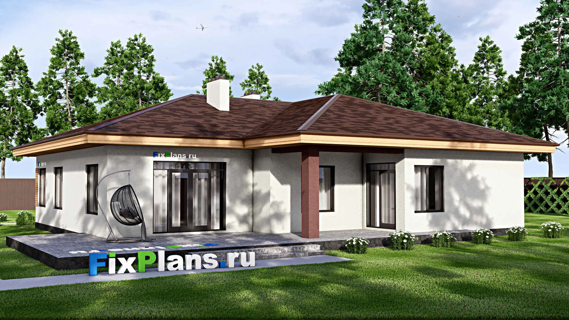 F-15902 - Проект одноэтажного дома 19 на 19, площадью 250 м² с террасой, гаражом на 1 машину и 3 спальнями