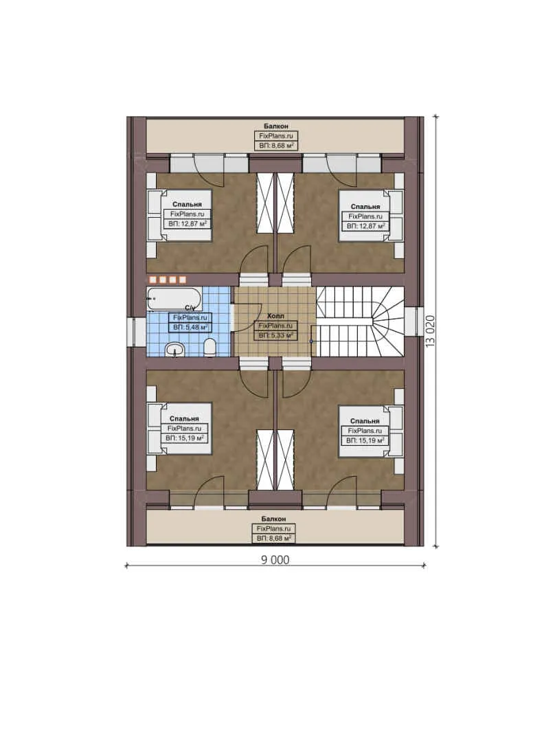 F-2861 - Планы дома с мансардой 9 на 14, площадью 220 м² с террасой, балконом и 4 спальнями