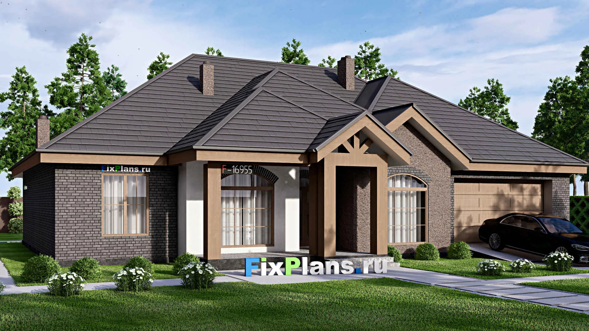 F-16955 - Проект одноэтажного дома 18 на 20, площадью 260 м² с террасой, гаражом на 2 машины и 3 спальнями