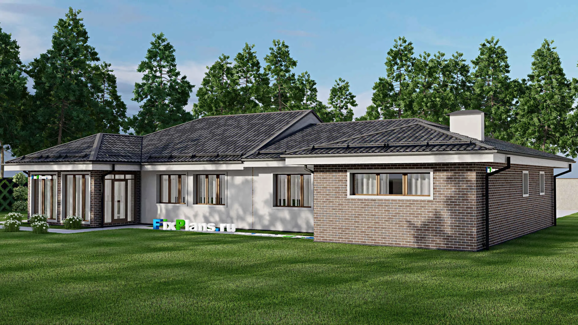 F-8477 - План одноэтажного дома 15 на 23, площадью 230 м² с террасой, гаражом на 2 машины и 3 спальнями