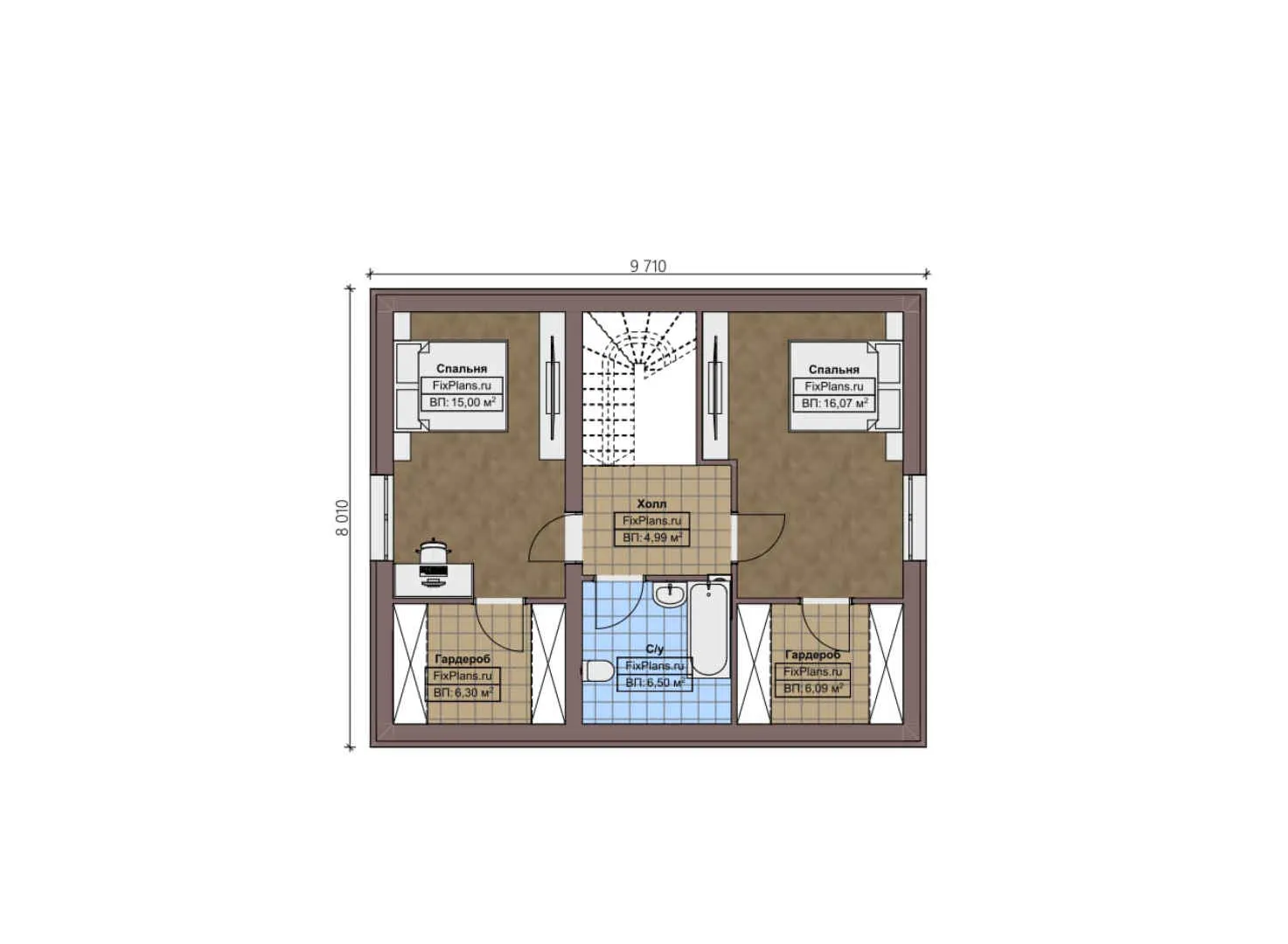 F-2609 - Планы дома с мансардой 9 на 10, площадью 130 м² с террасой и 3 спальнями