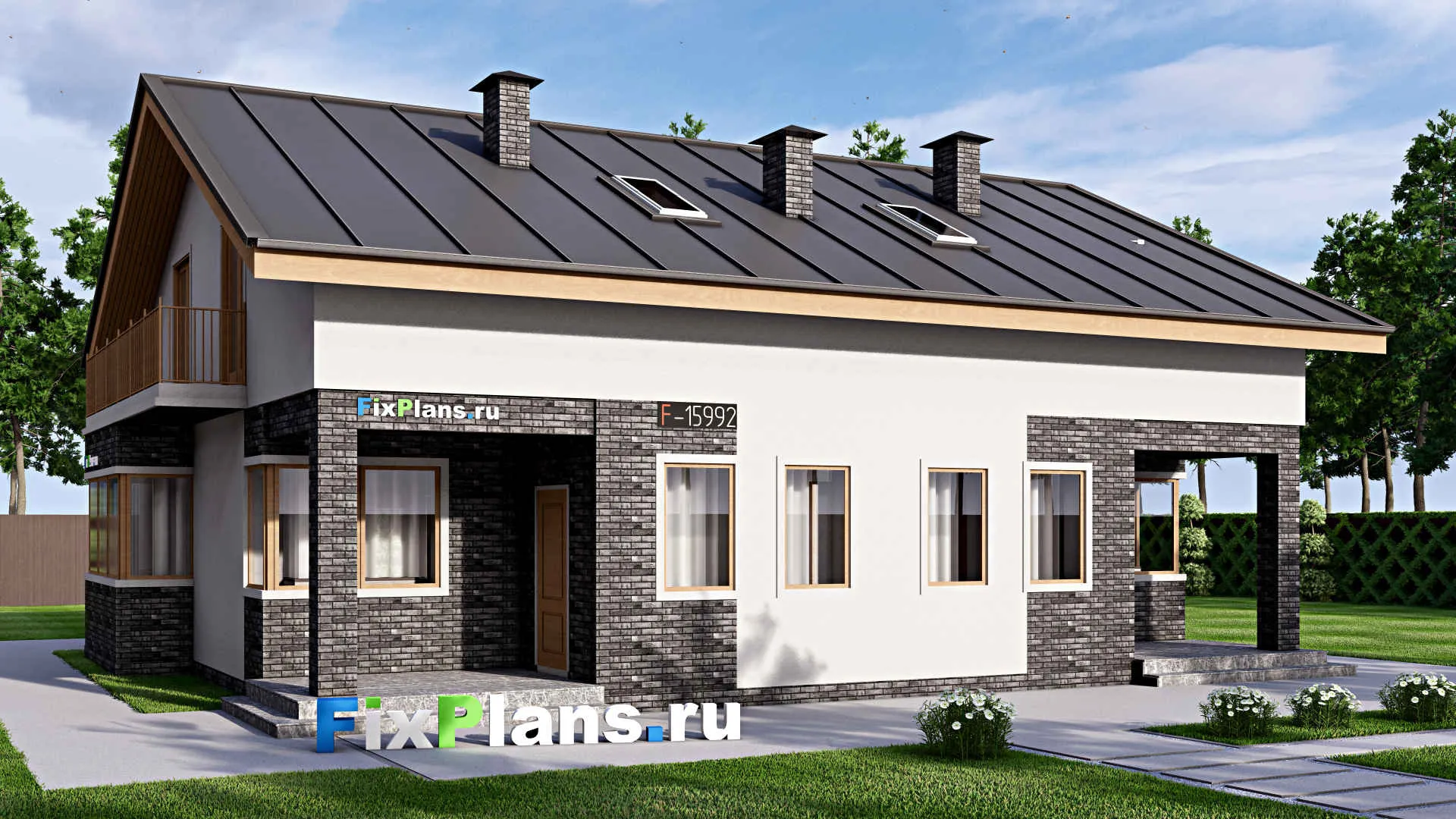 F-15992 - Проект дома с мансардой 15 на 16, площадью 290 м² с террасой и 6 спальнями