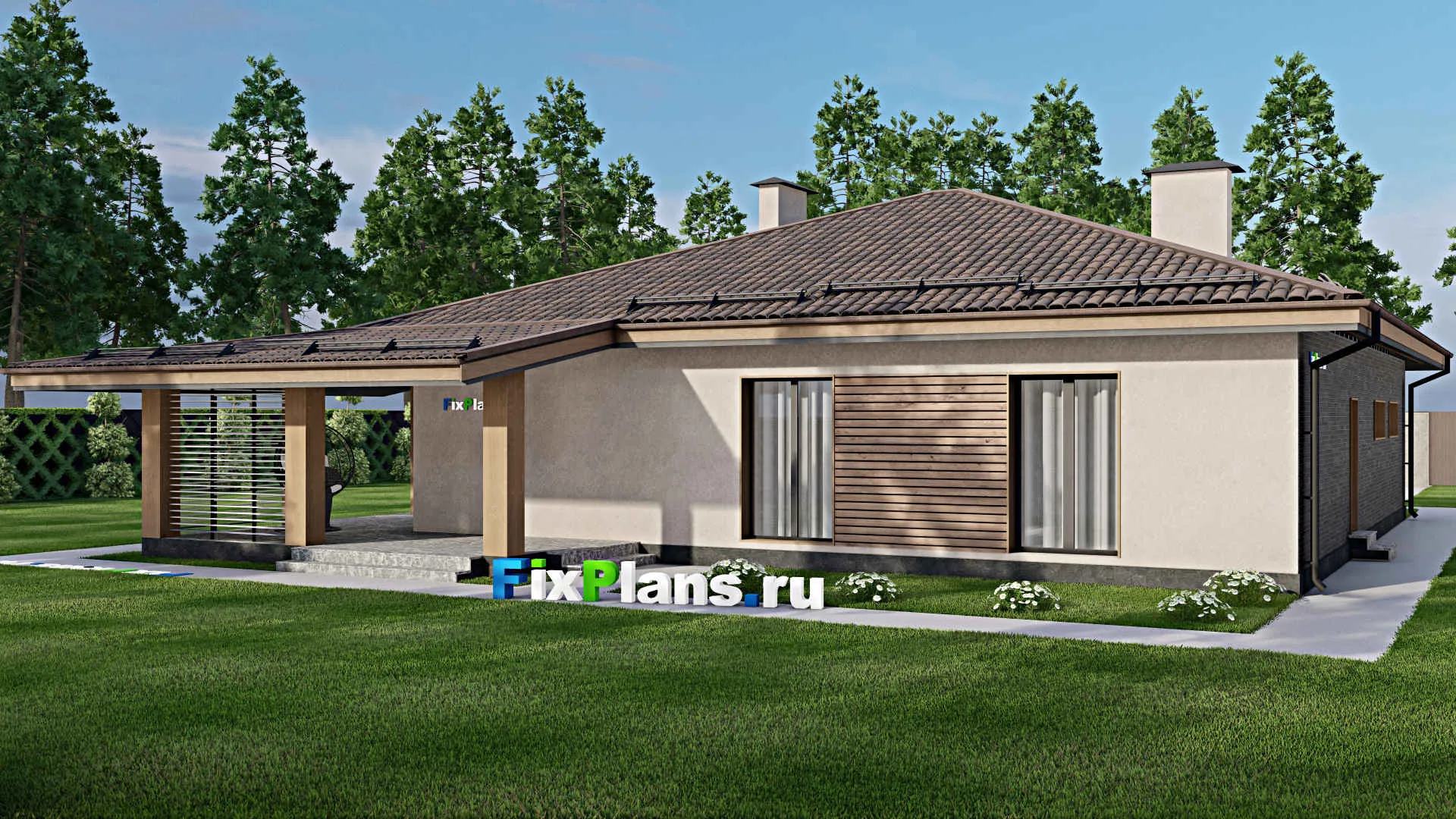 F-6749 - Проект одноэтажного дома 17 на 20, площадью 220 м² с террасой, гаражом на 2 машины и 3 спальнями