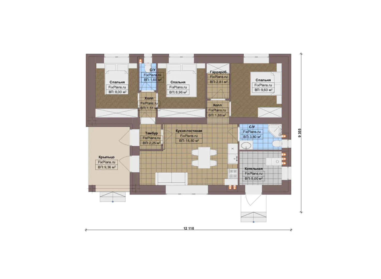 F-20024 - План одноэтажного дома 10 на 13, площадью 80 м² с 3 спальнями
