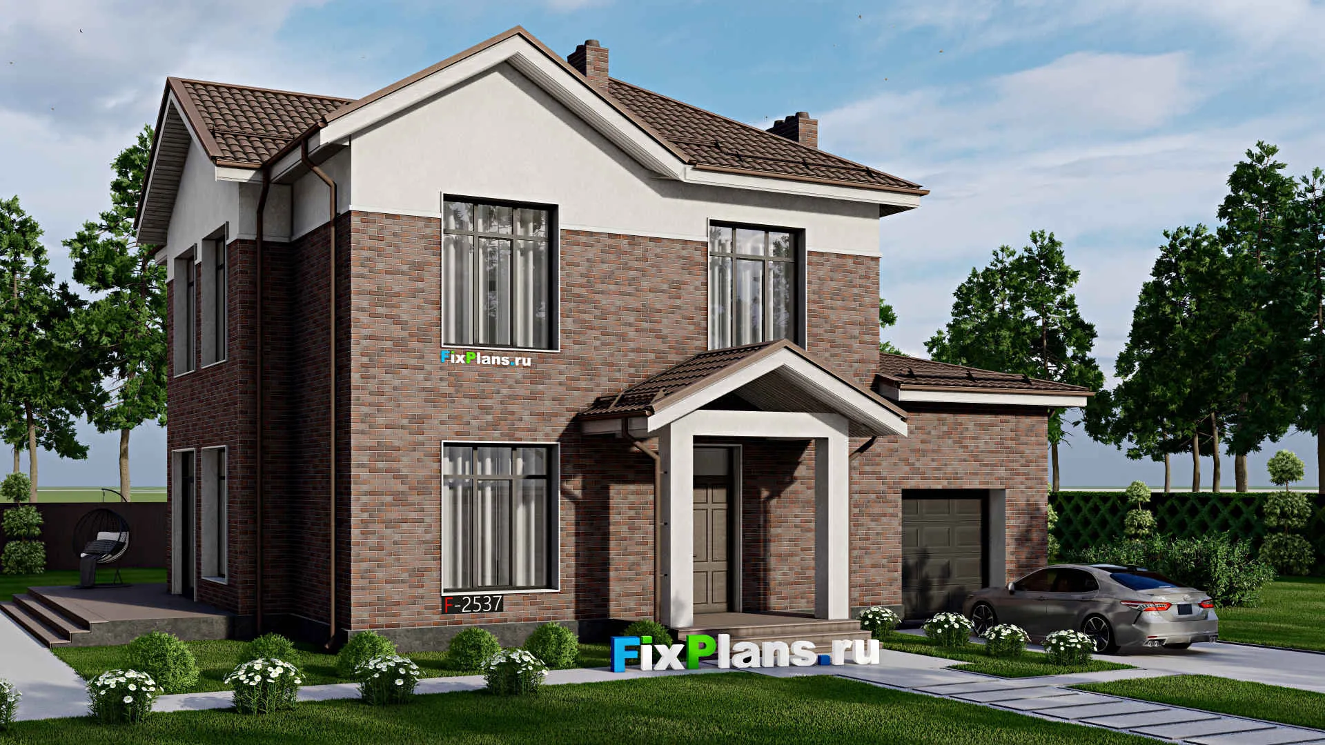 F-2537 - Проект двухэтажного дома 14 на 15, площадью 300 м² с террасой, гаражом на 1 машину и 5 спальнями