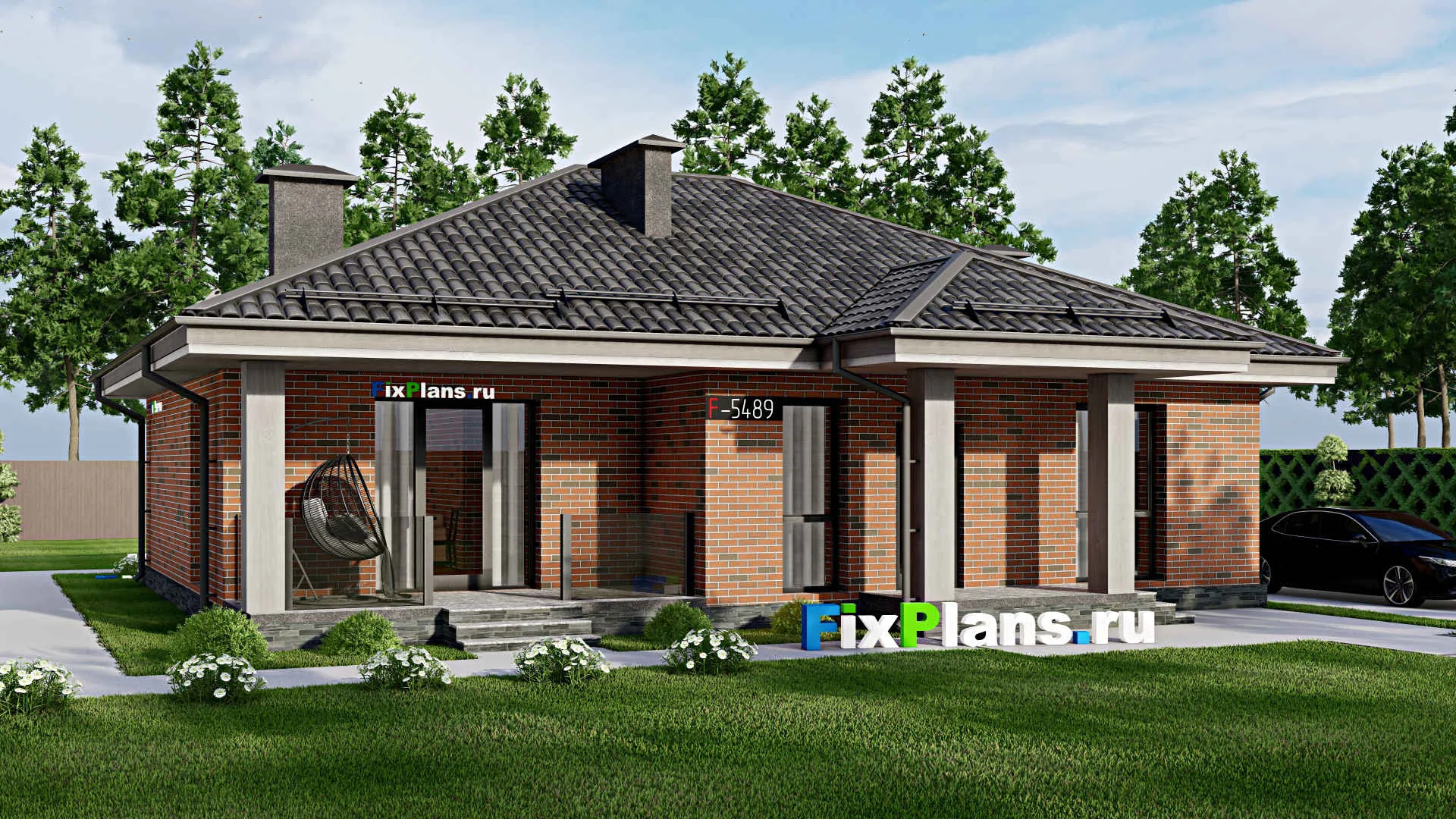 F-5489 - Проект одноэтажного дома 12 на 14, площадью 130 м² с террасой и 3 спальнями