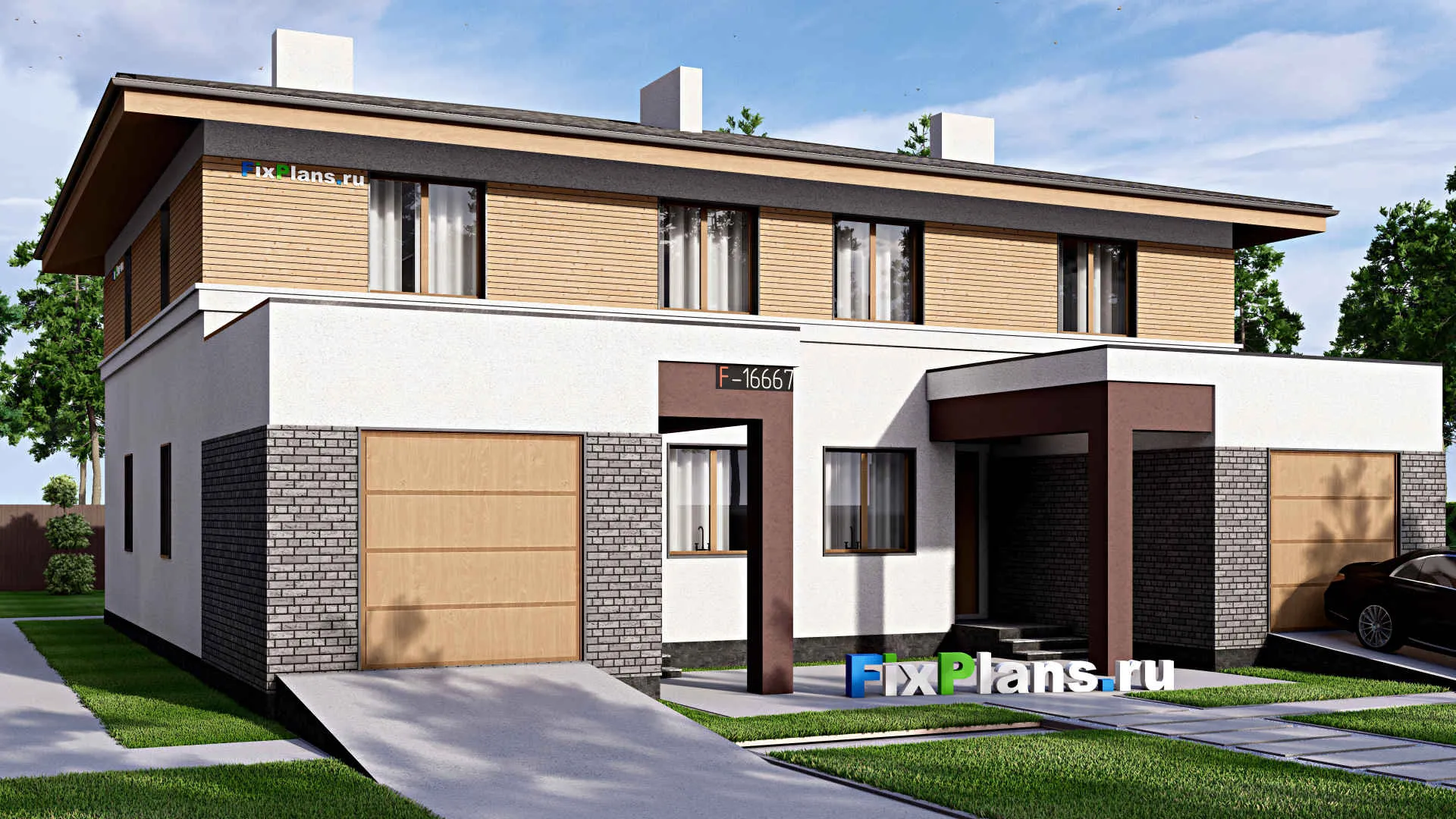 F-16667 - Проект двухэтажного дома 17 на 17, площадью 340 м² с балконом, гаражом на 2 машины и 6 спальнями
