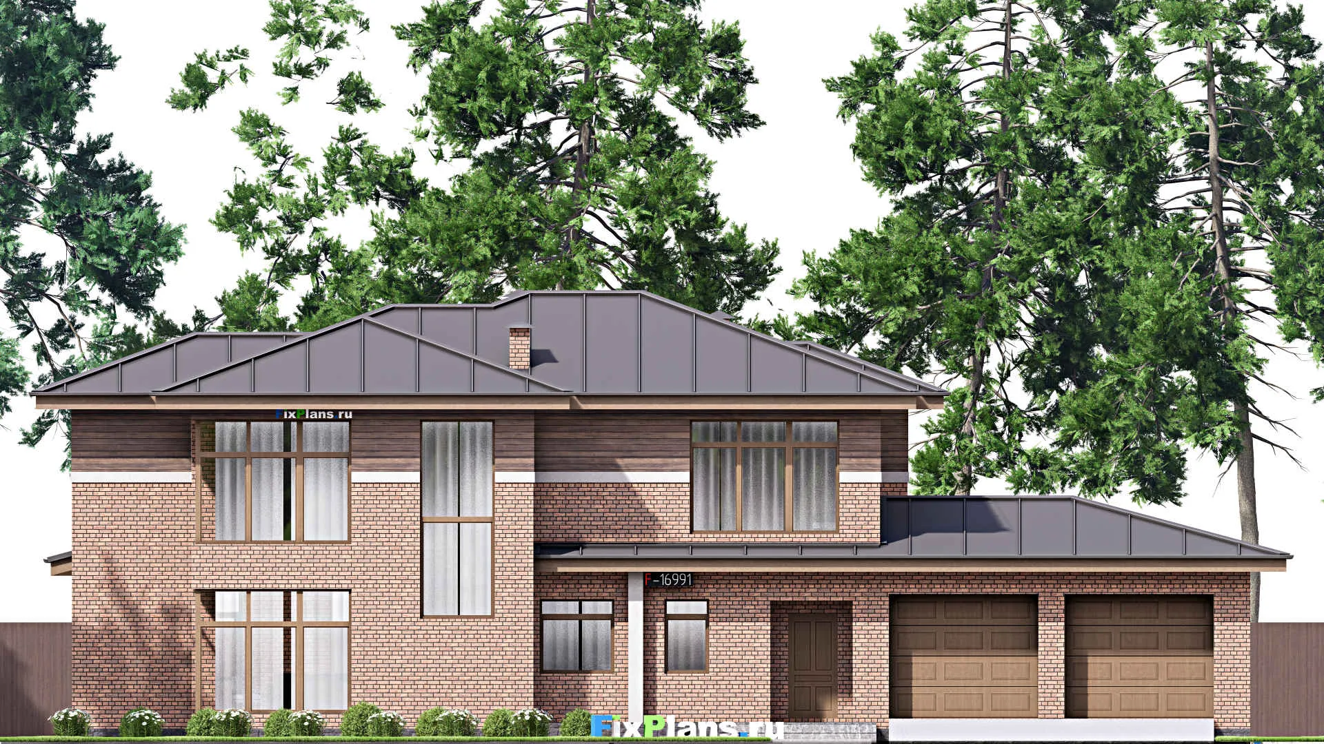 F-16991 - Планы двухэтажного дома 13 на 24, площадью 300 м² с террасой, гаражом на 2 машины и 3 спальнями