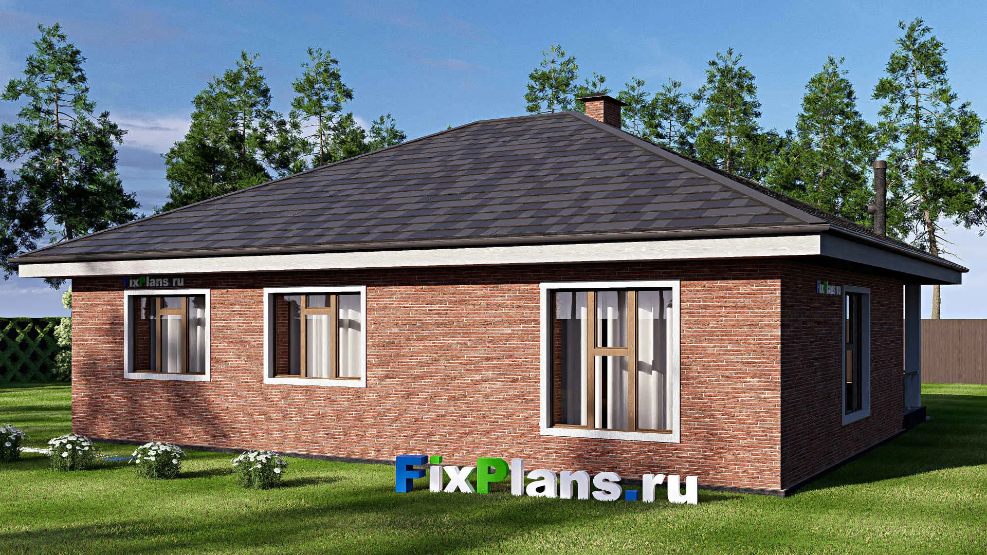 F-19385 - Проект одноэтажного дома 13 на 14, площадью 130 м² с террасой и 3 спальнями