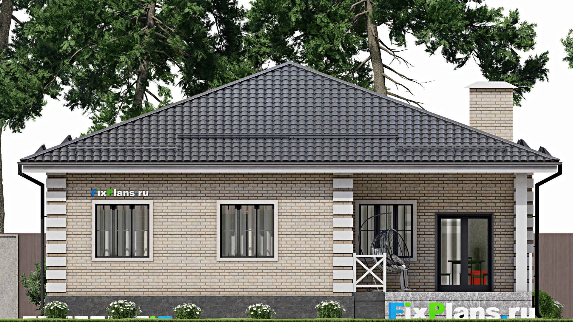 F-2654 - План одноэтажного дома 13 на 14, площадью 140 м² с террасой и 3 спальнями