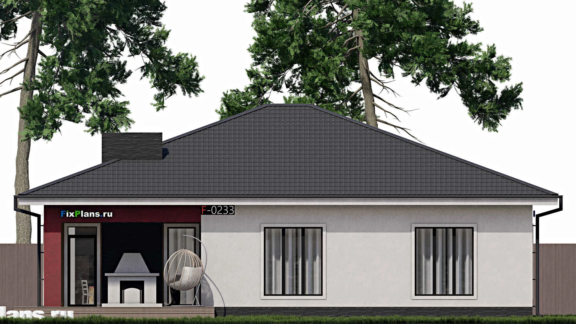 F-0233 - План одноэтажного дома 15 на 16, площадью 180 м² с террасой и 4 спальнями
